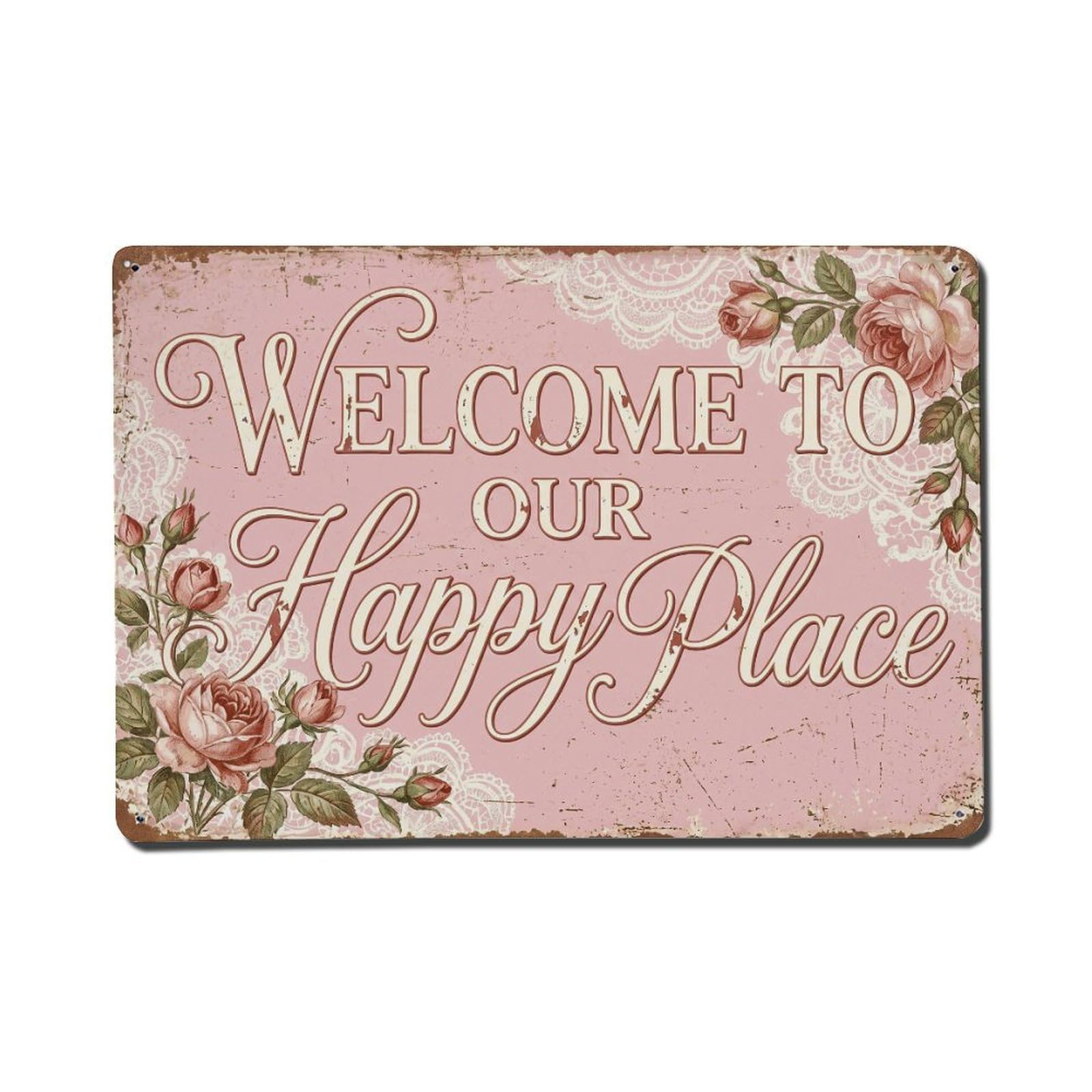 Welcome To Our Happy Place Shabby Bedroom Vintage Metal Tin Sign Plaque Wall Decor for Cafe, Club, Garden Metal Poster 8x12Inch