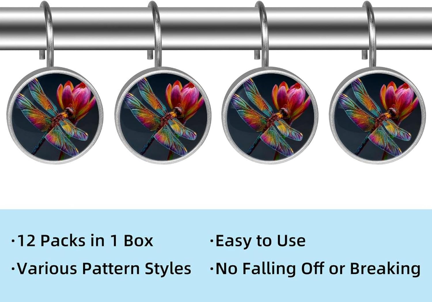 Colorful Flower Dragonfly (2) Shower Curtain Hooks - Set of 12 Shower Curtain Rings - Shower Hooks for Bathroom Shower Rods Curtains and Liners