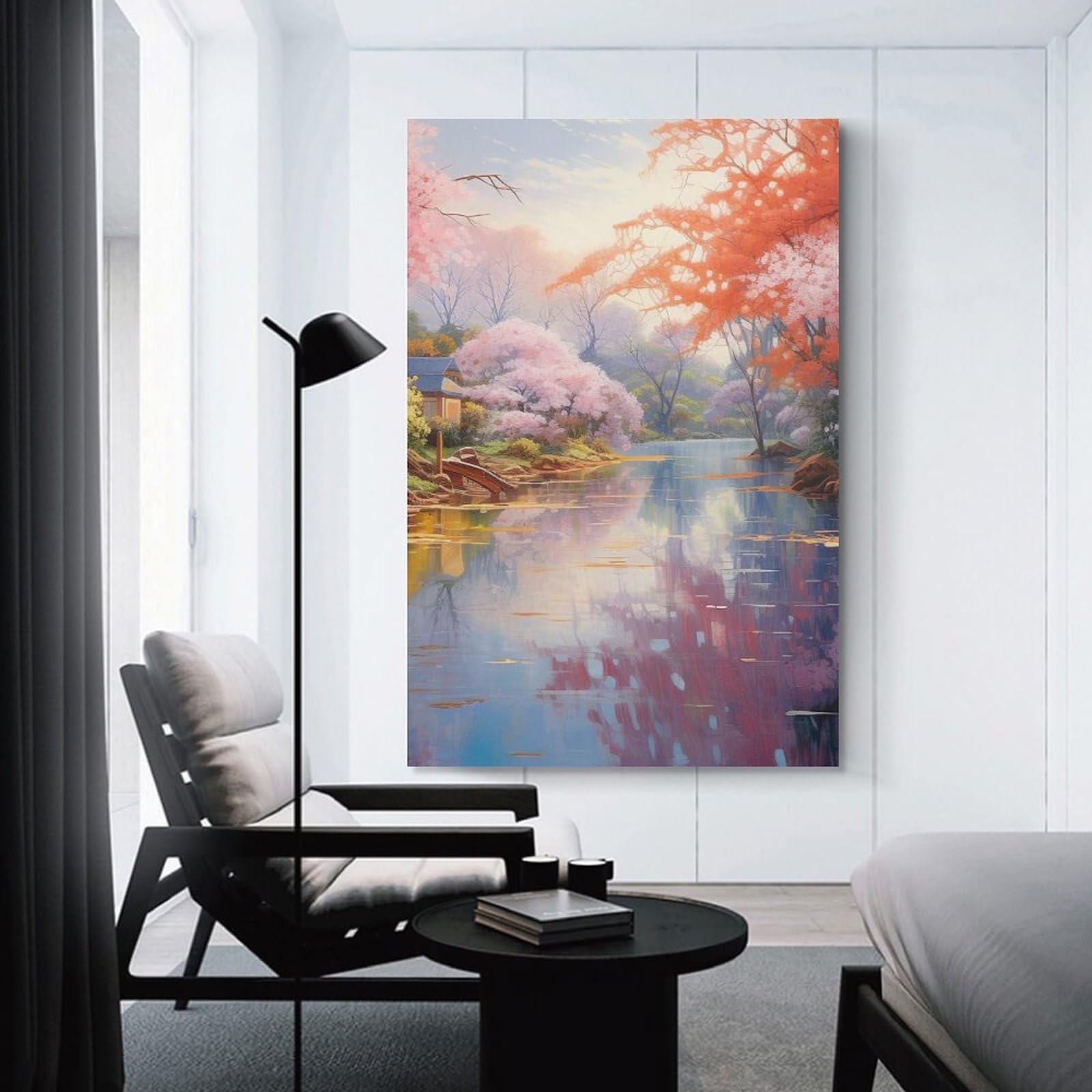 Junmoney Unframe-Style-7 Cherry Blossom Lake Canvas Wall Art 08X12inch(20X30cm), For Workspace Walls, Study Corners Or Bedrooms, Wall Art That Adds Style To Work Areas