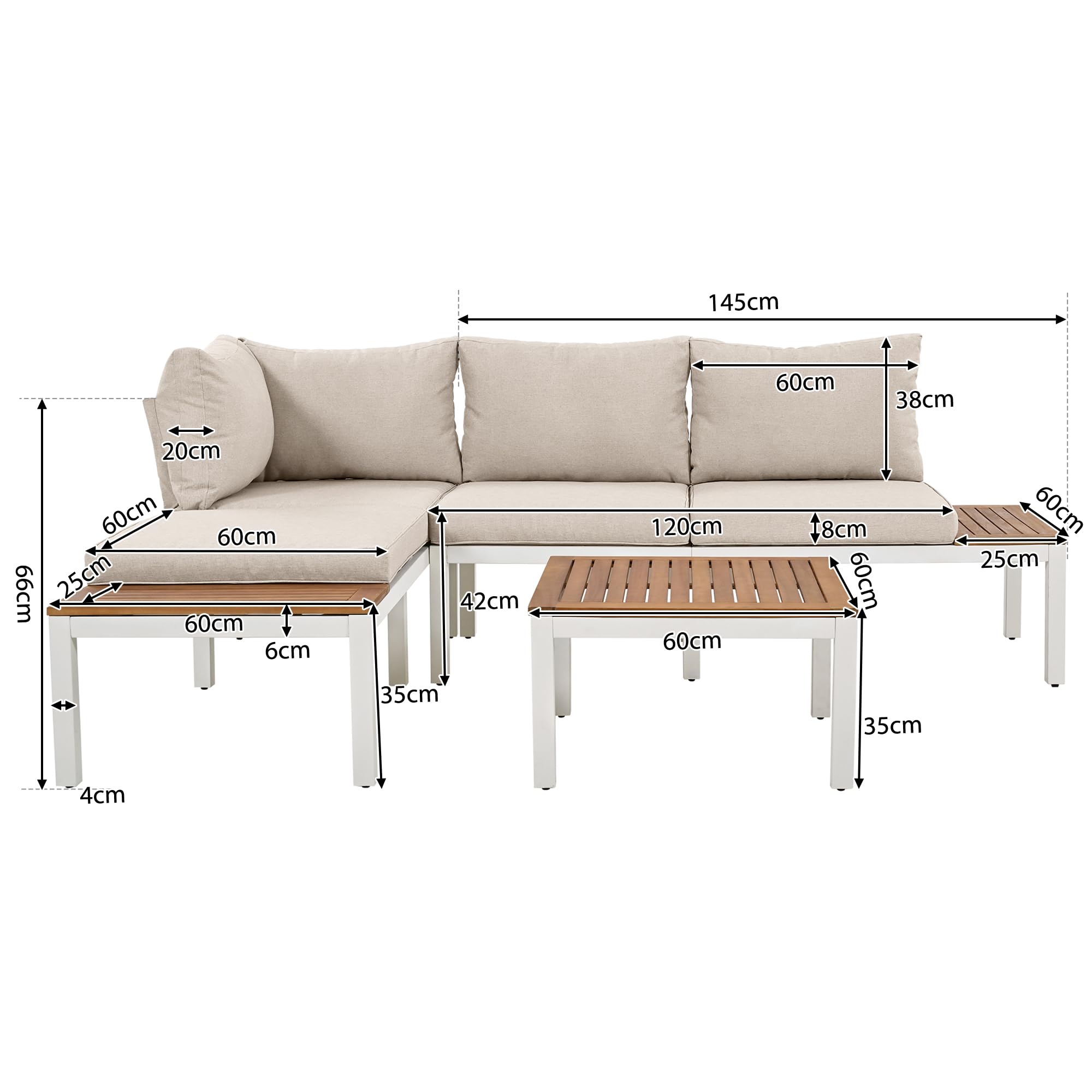 Set da giardino resistente alle intemperie con telaio in acciaio zincato (2 divani a 2 posti, 2 tavolini e 1 tavolino), piano in legno di acacia, il rivestimento in tessuto può coprire