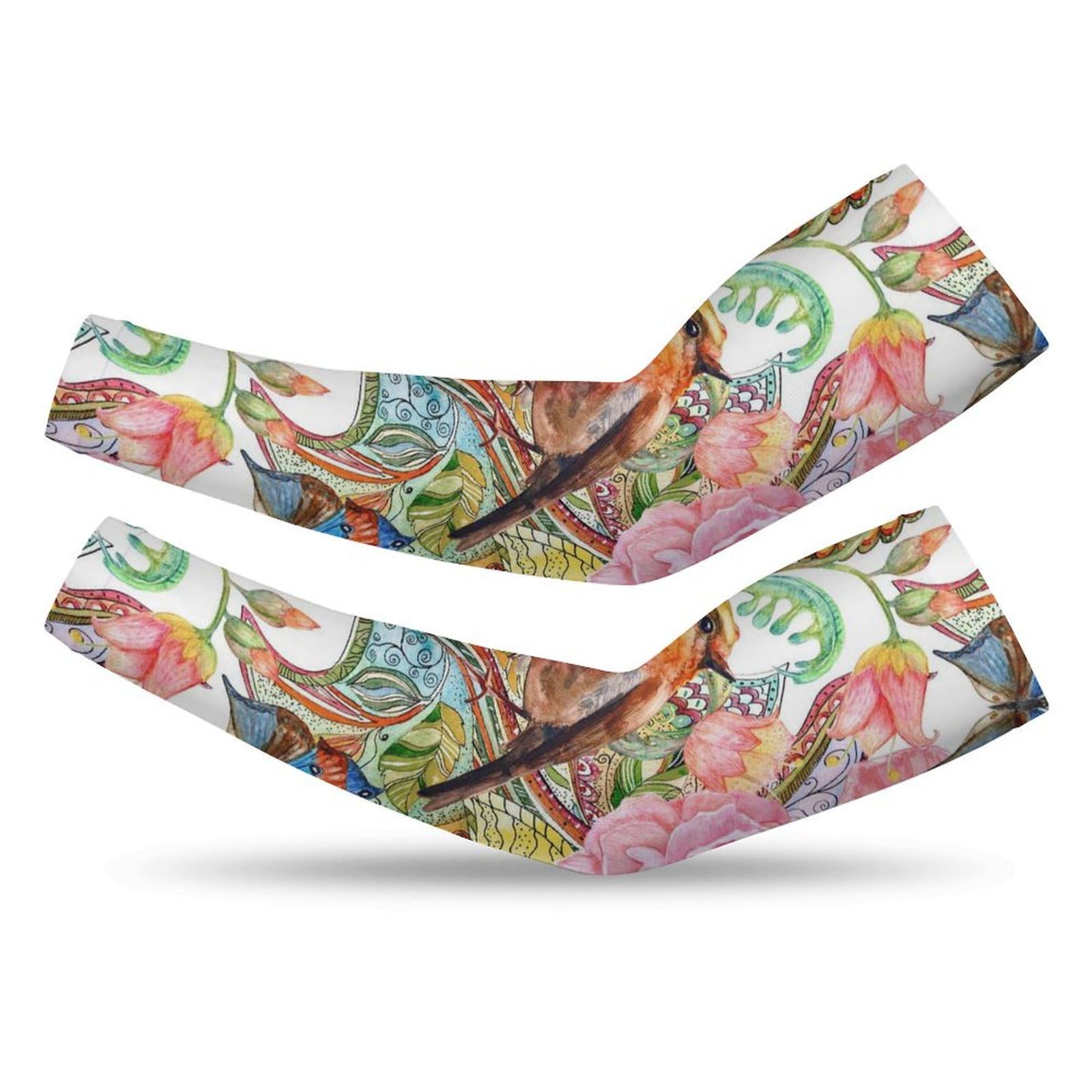 Xmkltbz 1 Pair Cooling Arm Sleeves, Unisex Warmer Spandex Sports Cover Uv Sun Protection for Cycling Golf Running XL Print Seamless Yellow Pink Blossoms Flowers with Leaves, Bird
