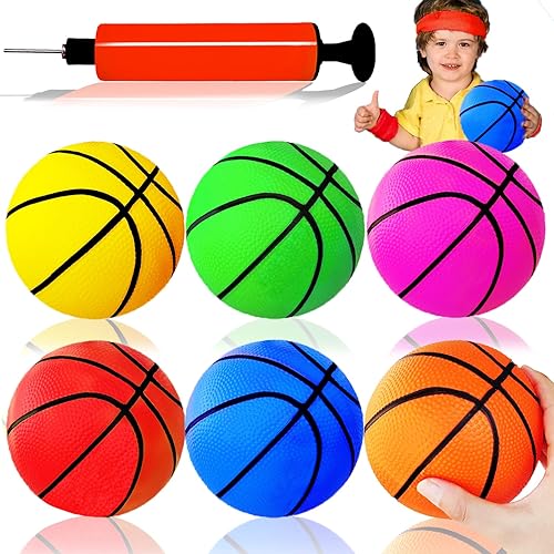 Dshengoo 6 mini pelotas de baloncesto de juguete de 5 pulgadas, colorido baloncesto inflable de goma con bomba para niños pequeños, piscina, aro de