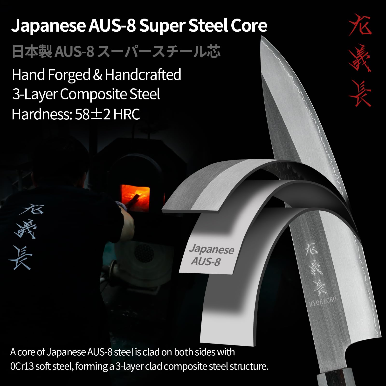 Japanese Chef Knife, 8 Inch Handcrafted 3-Layer AUS-8 Sharp Kitchen Knife — Amazon image 6