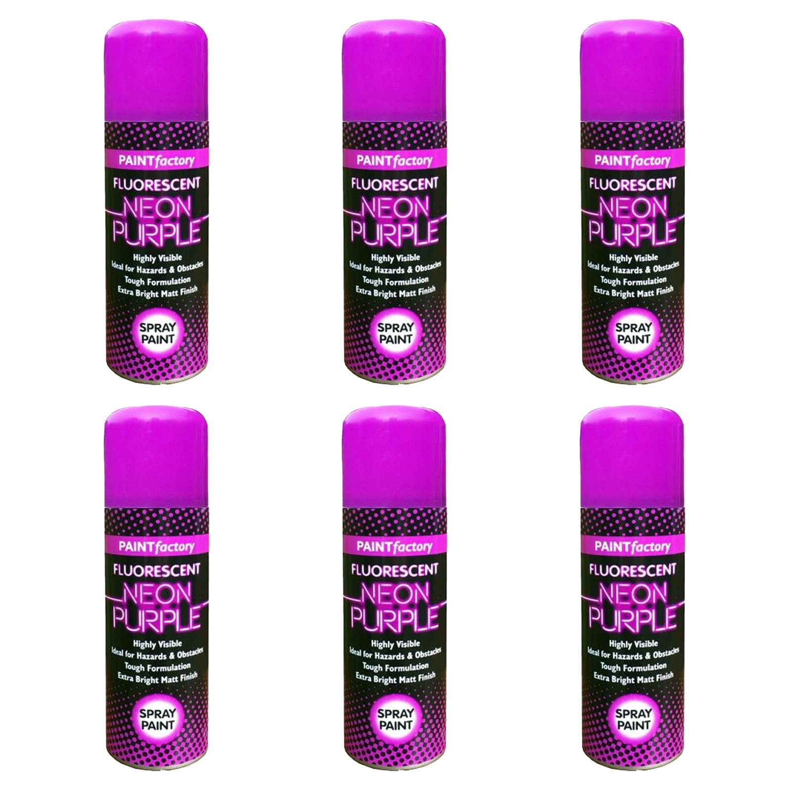 HOCHSTE® Paint Factory Fluorescent Spray Paint, Fast Dry Aerosol Paint for Wood, Metal, Plastic & More, Bright Neon Finish for Craft Projects & Decorative Use, 200ml, (Neon Purple, Set of 6)