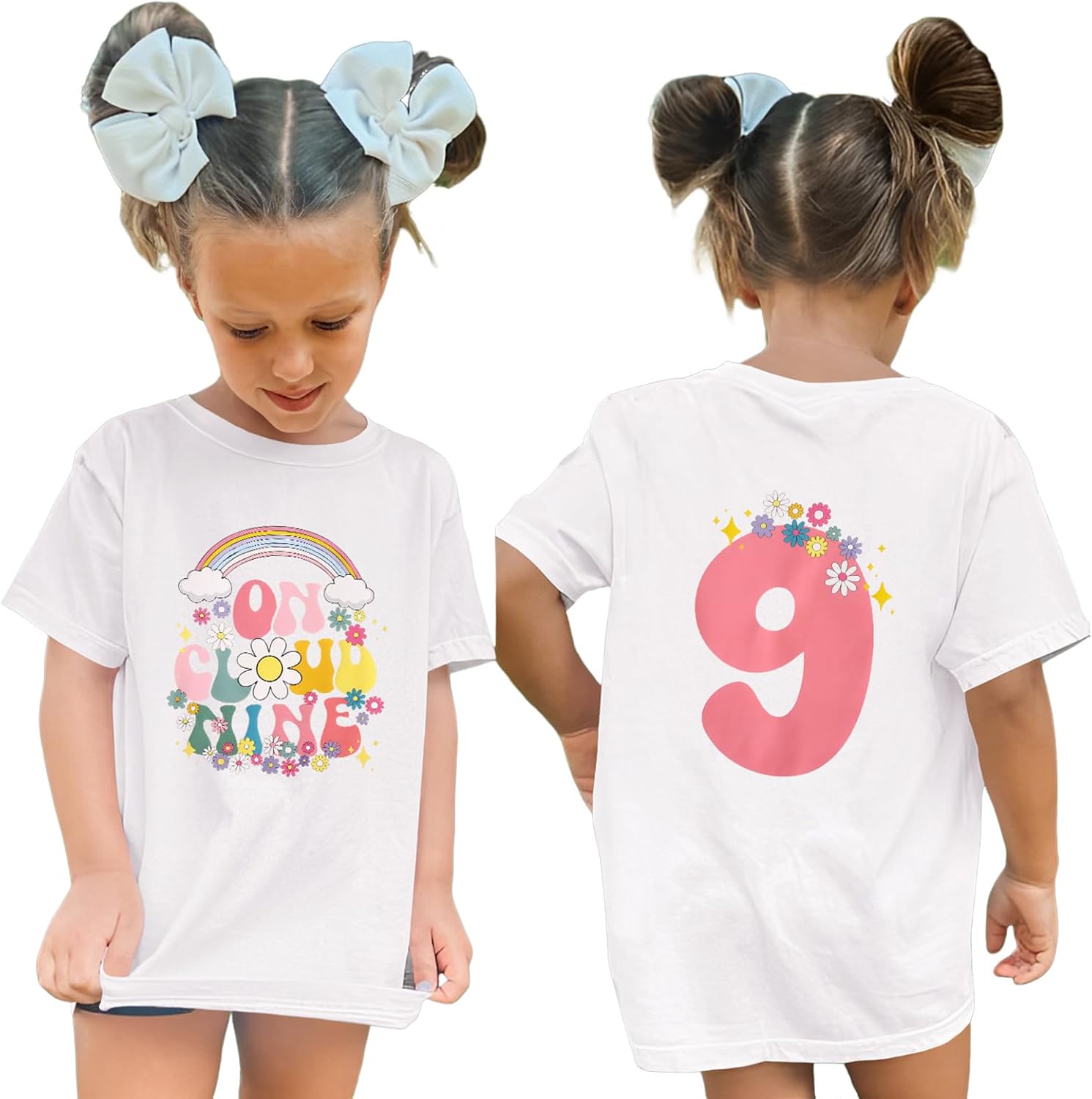GLIGLITTR On Cloud Nine Birthday Girl Shirt 9th Girls Birthday Outfits Rainbow Kids 9 Year Old Tshirt Birthday Party Tee Tops