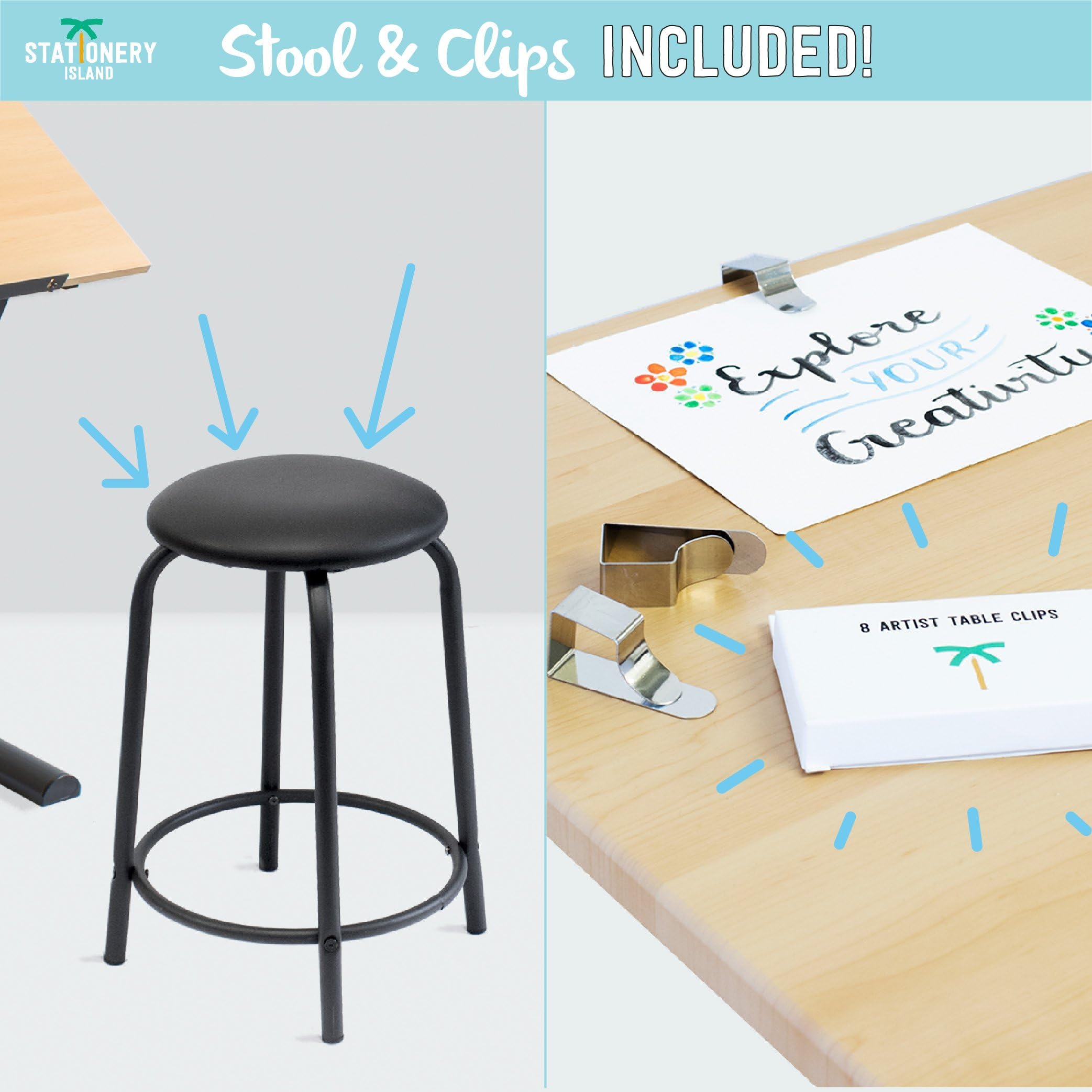 STATIONERY ISLAND Caye Table à Dessin pour l'art et l'Artisanat – Bureau à Dessin Inclinable avec Rangement, Tabouret et Pinces