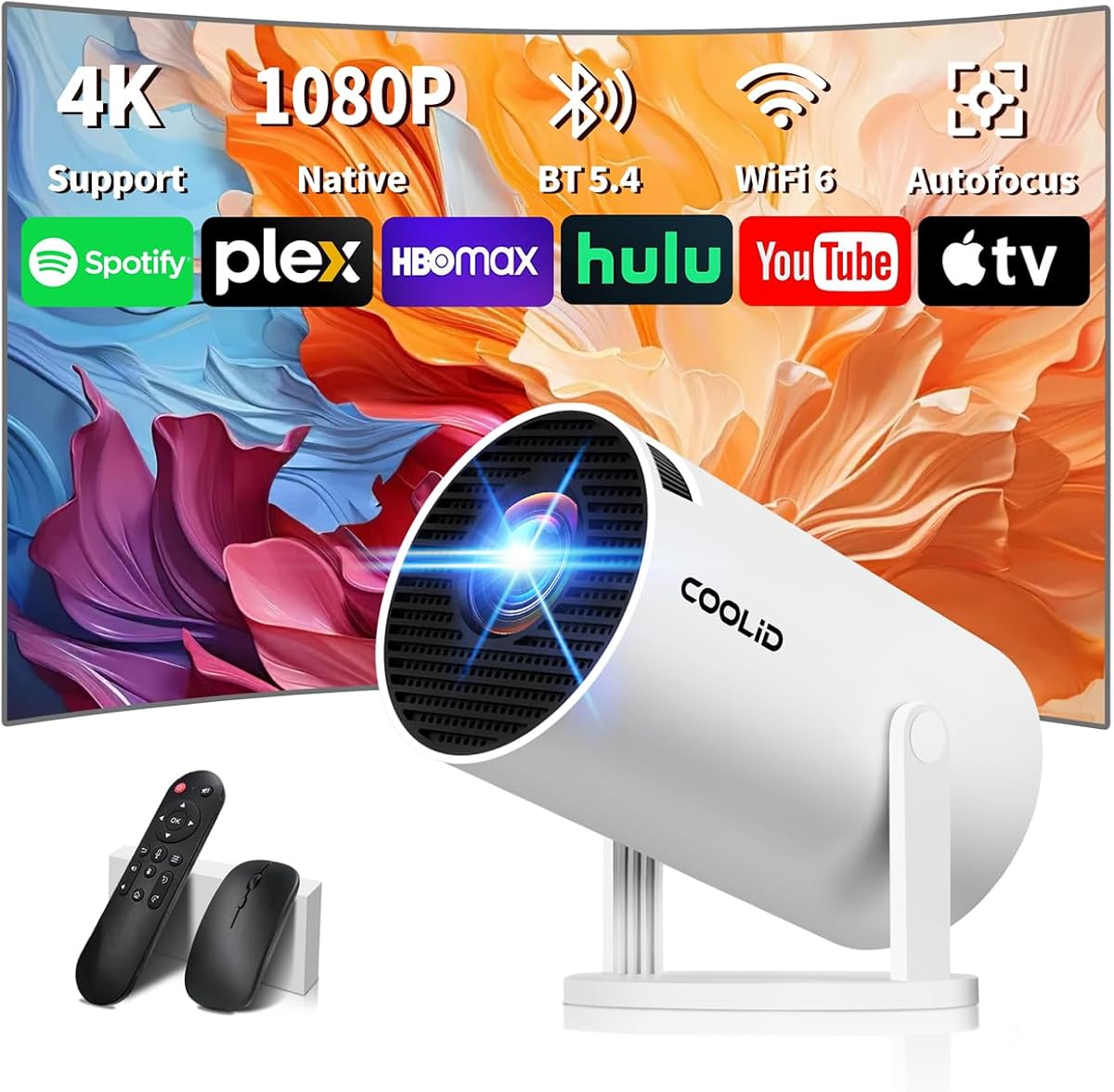 Mini Beamer 4K Full HD 1080P Mit 5G WiFi 6 und Bluetooth 5.4 2026 Neuer Tragbarer Projektor mit Automatische Trapezialkorrektur 270 ° Drehung Tv Stick/USB/Laptop/PC,mit Maus und Fernbedienung Weiß