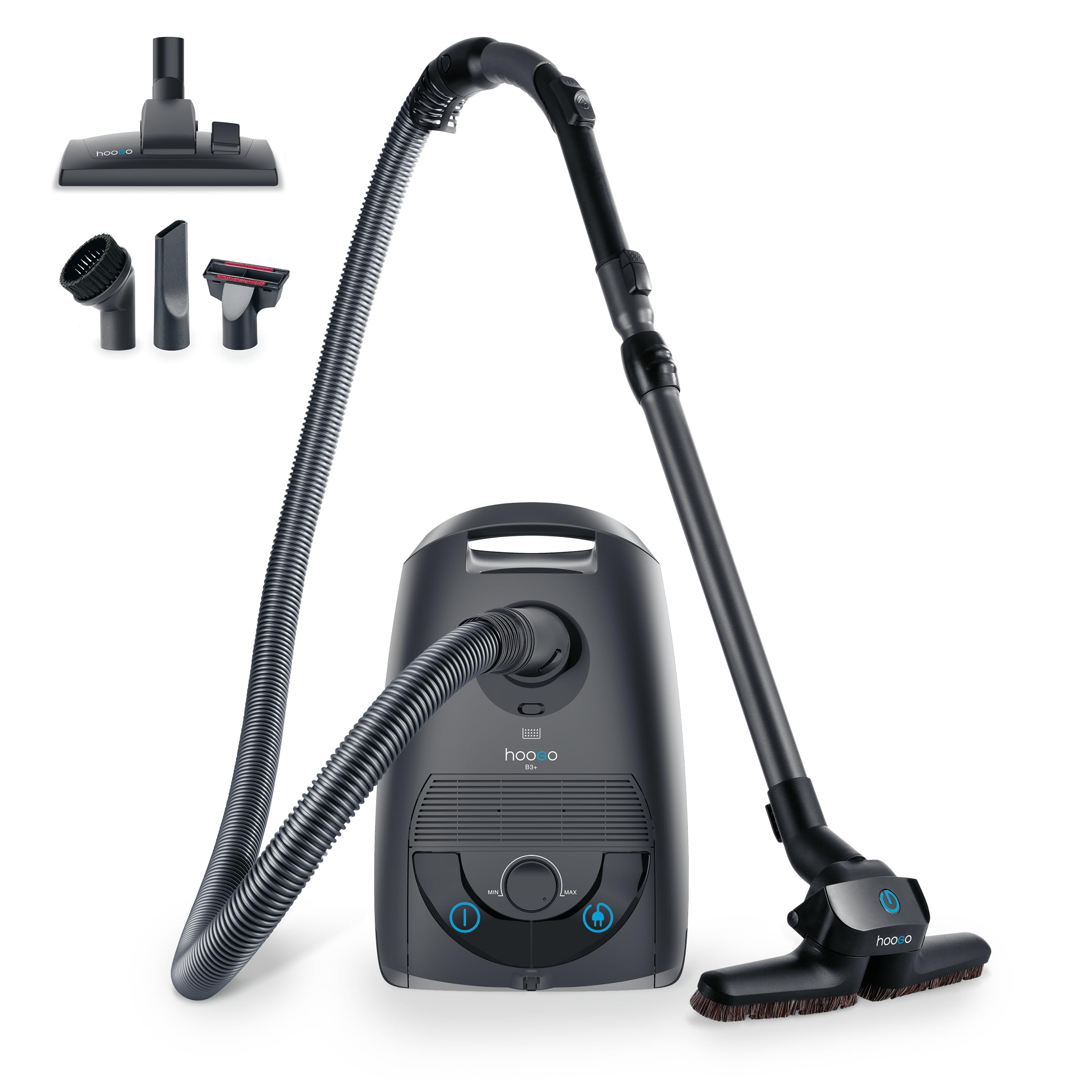 hoogo B3+ Staubsauger mit Beutel | Plus Mini-Turbodüse | Starke Saugleistung | HEPA Filter | 850 Watt | 11m Aktionsradius | sehr leise mit 74 db | 3 L Staubbeutelkapazität | inkl. verschiedener Düsen