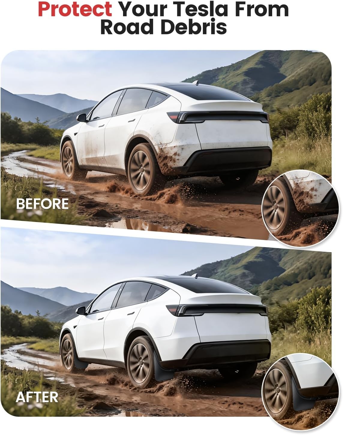 Xprite 2026 New Tesla Model Y Juniper Mud Flaps 2025-2026, Precision Fit No Drilling Splash Guards, All Weather Mudflaps Protect Paint Tesla Exterior Accessories, Front & Rear Set of 4