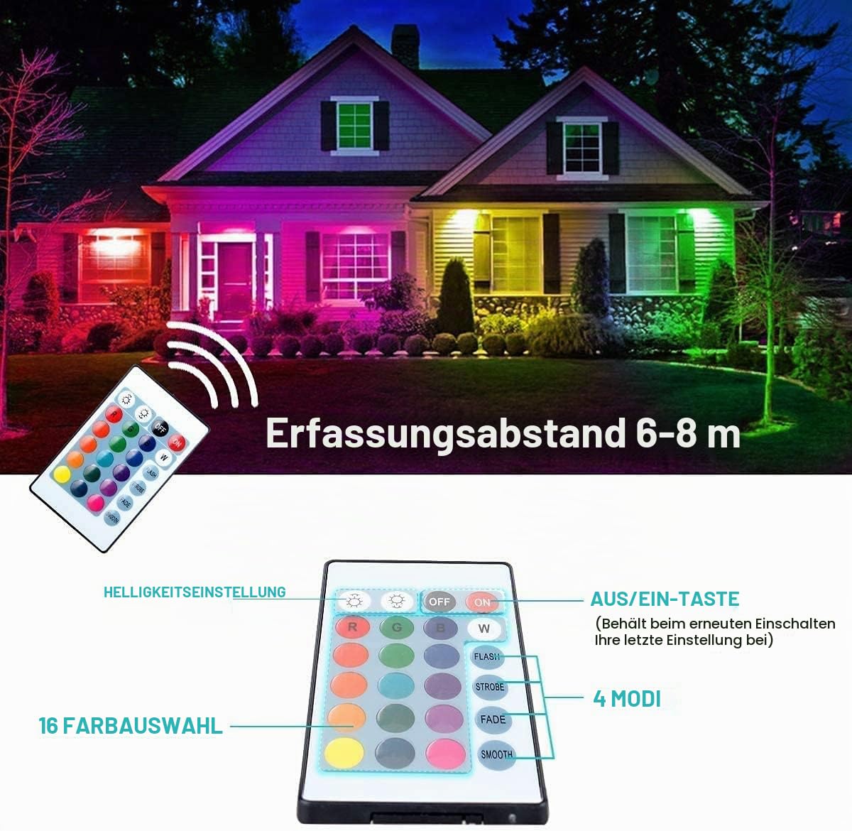 RGB Strahler Outdoor 100W, T-SUNUS RGB LED Strahler Außen mit Fernbedienung 16 Farben und 4 Modi, IP65 Wasserdicht Fluter für Party Halloween Bar Deko Weihnachten