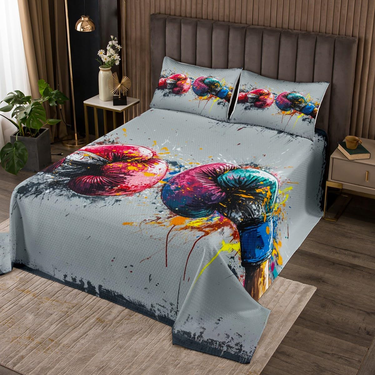 Erosebridal Boxing Bedding Sets for Kids Boys - Watercolor Boxing Gloves Quilt Set, Cool Sports Competitive Fighting Coverlet Set - 3Pcs Queen Size Quilts with 2 Pillow Cases