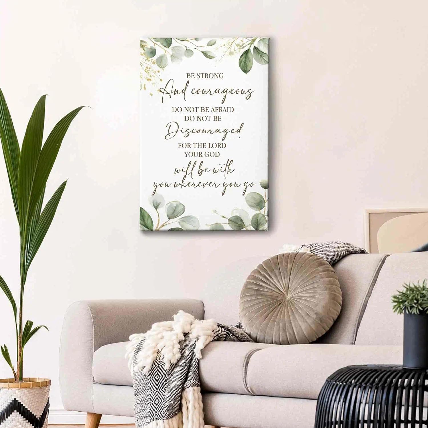 HIWX Christian Inspirational Wall Decor, Be Strong and Courageous Bible Verses Framed Canvas Painting Wall Art Decor, Sage Green Botanical Religious Wall Art Home Decoration for Bedroom Church, 16x24