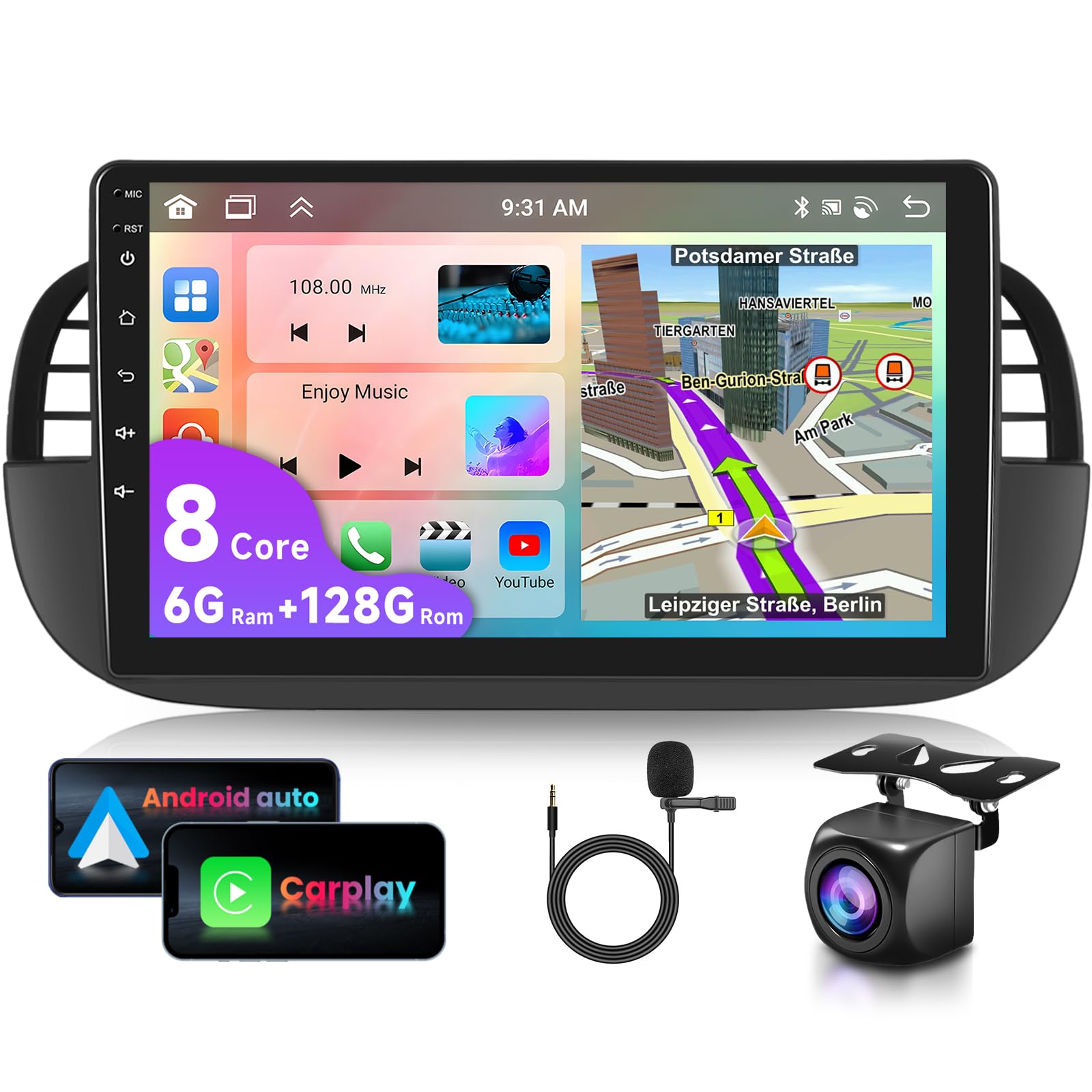 6G 128G VECHTEL 9"Autoradio Bluetooth per FIAT 500 2007-2015 Carplay Android Auto Wireless,Android 15,DSP EQ,1280 * 720,Wifi GPS Navi,Mirror link,RDS/FM Radio con Retrocamera AHD