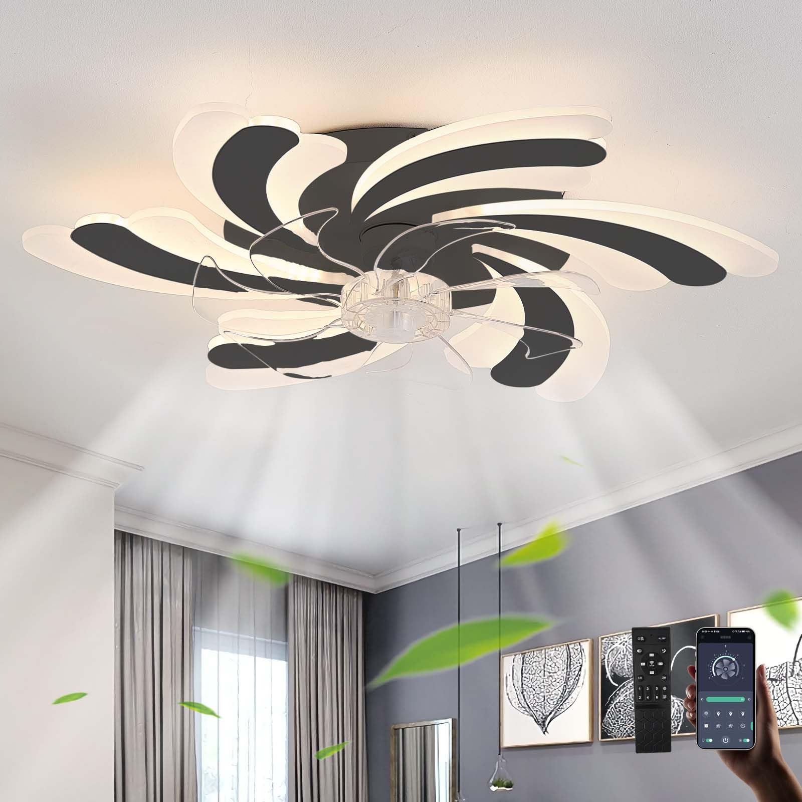 SXDMOUBK Modern LED Ceiling Fan Light - 6 Speed Reversible Dimmable Smart Lamp with Memory Funct Quiet for Bedroom & Living Room Slish Black h