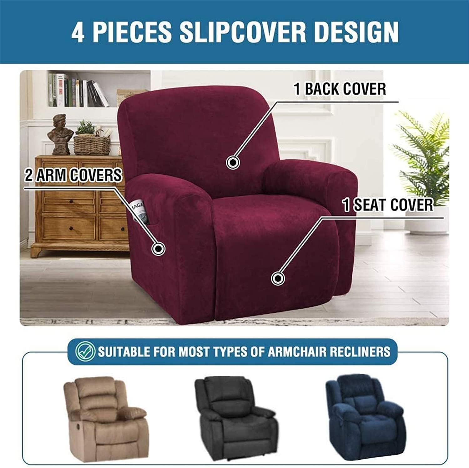 Velvet Recliner Covers Stretch Reclining Slipcover Super Soft Armchair Couch Covers Living Room Sofa Protector with Side Pocket for Kids Cats Dogs (Color : Wine Red)