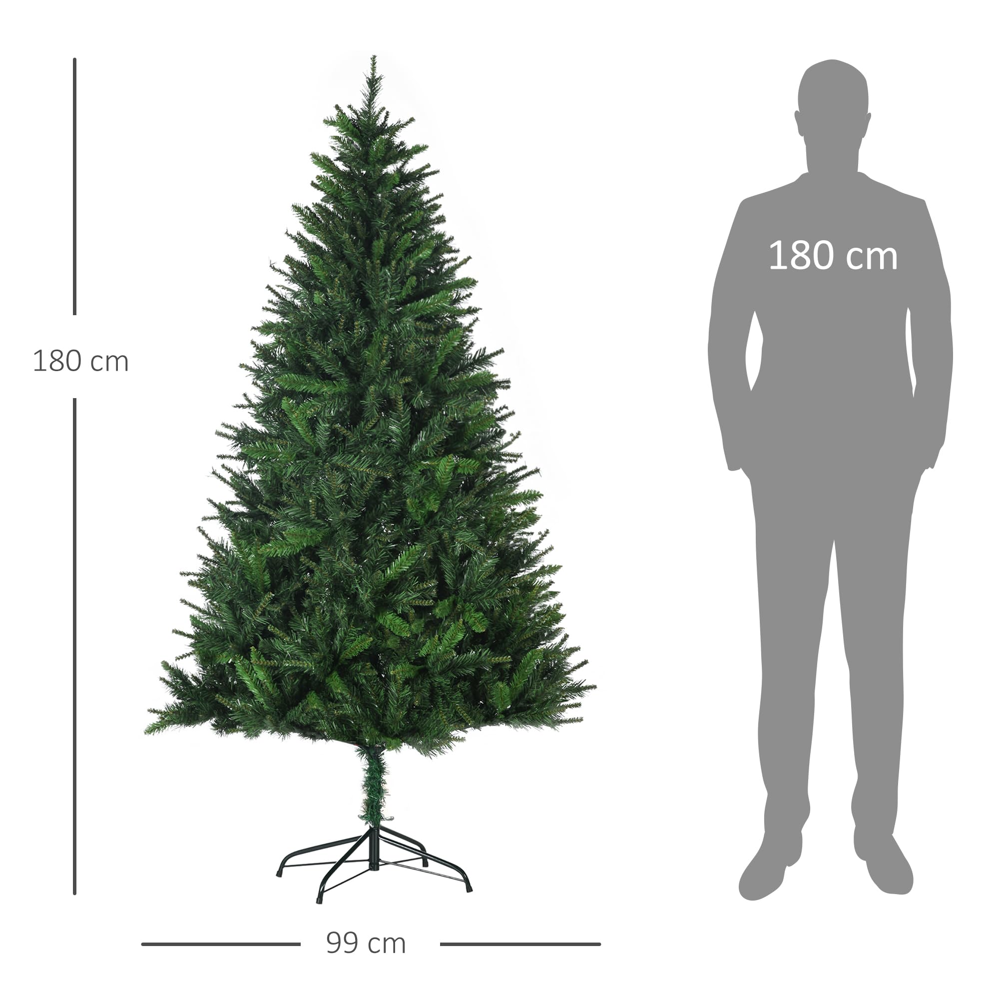 HOMCOM Albero di Natale Artificiale 180cm con 786 Rami Apertura Automatica, Albero di Natale Folto con Base in Metallo Facile da Montare, Verde