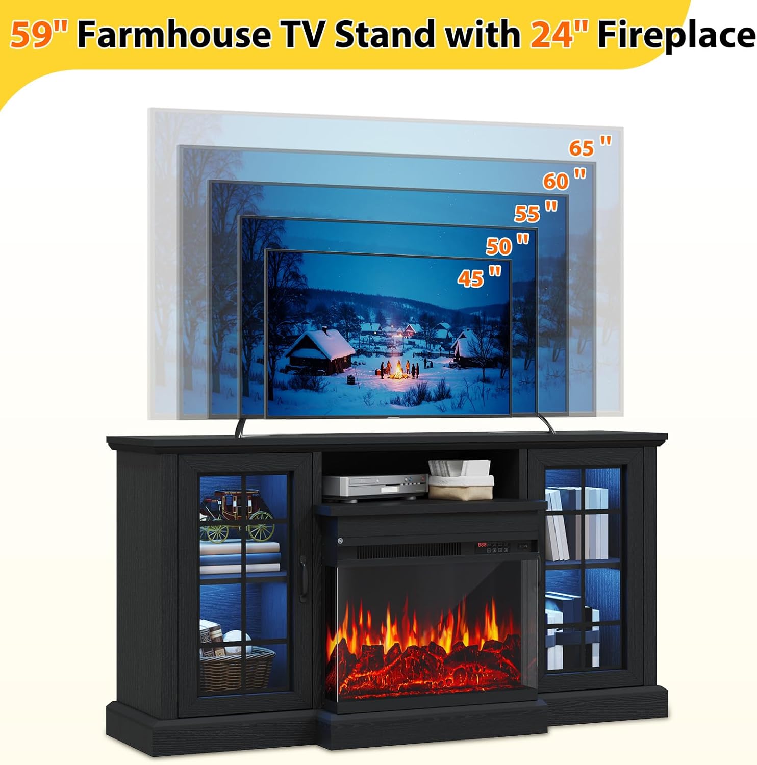 Visual representation of the 59-inch TV stand accommodating various TV sizes up to 65 inches.