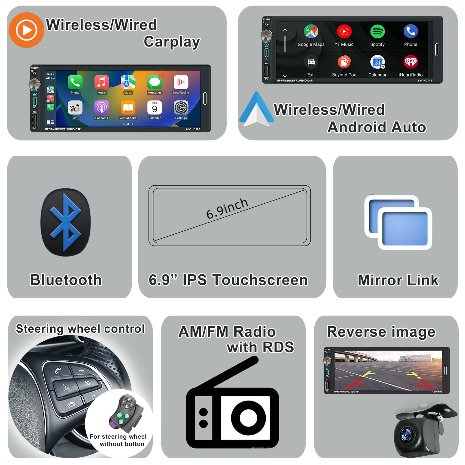 Autoradio 1Din mit Bildschirm (6,9") Kompatibel mit Apple CarPlay [Wireless] Android Auto Bluetooth USB (Typ-C 2,1A Schnellladung) Rückfahrkamera AM/FM/RDS Radio