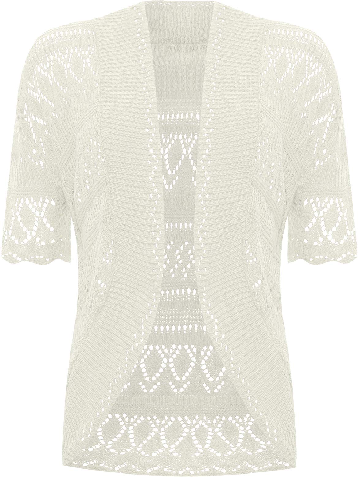 WearAll Women's Plus Knitted Crochet Short Sleeve Top Shrug Ladies Open Cardigan - Cream 20-22