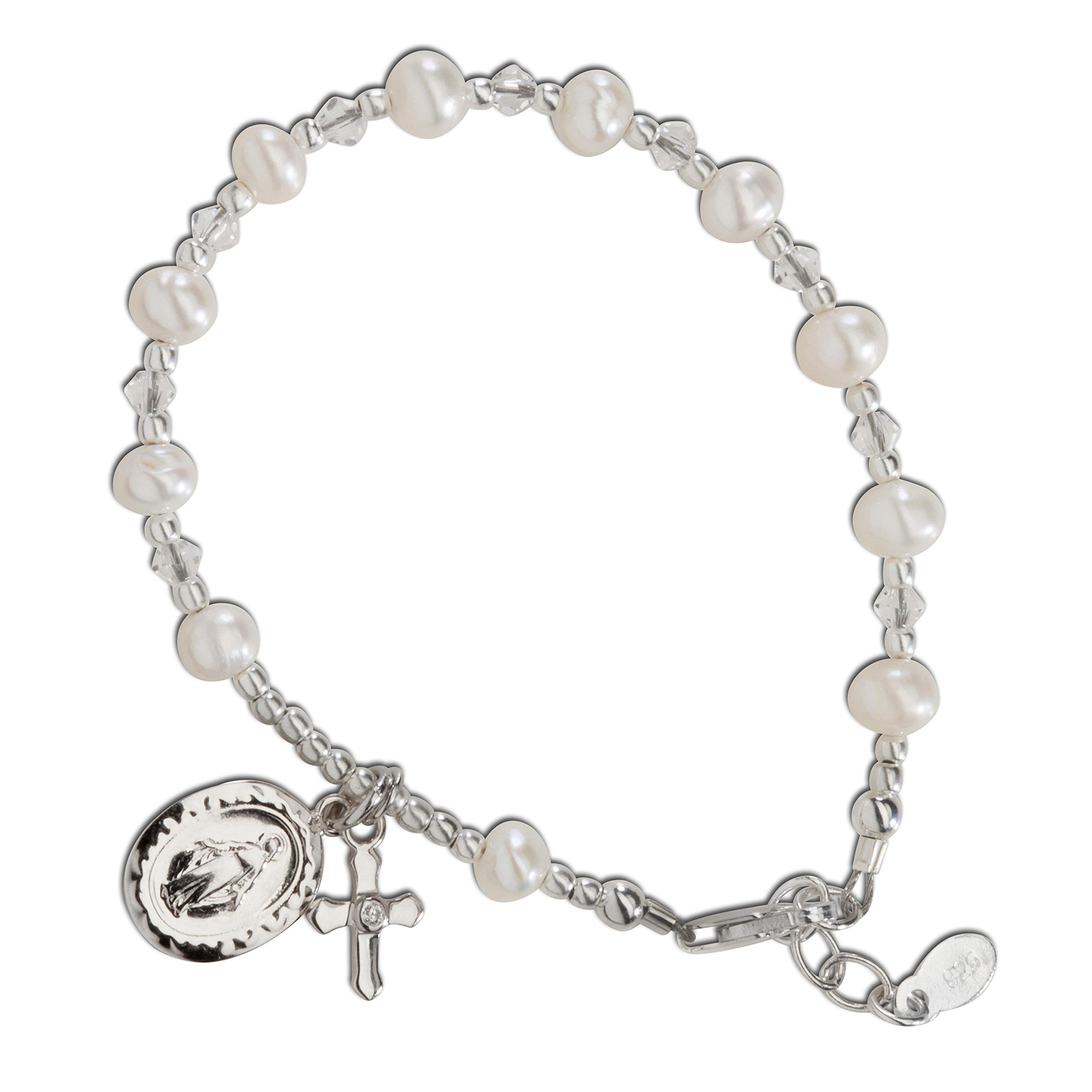 Precious PiecesChildren's Sterling Silver Communion Rosary Bracelet with Cultured Pearl and Crystal (6-6.5")