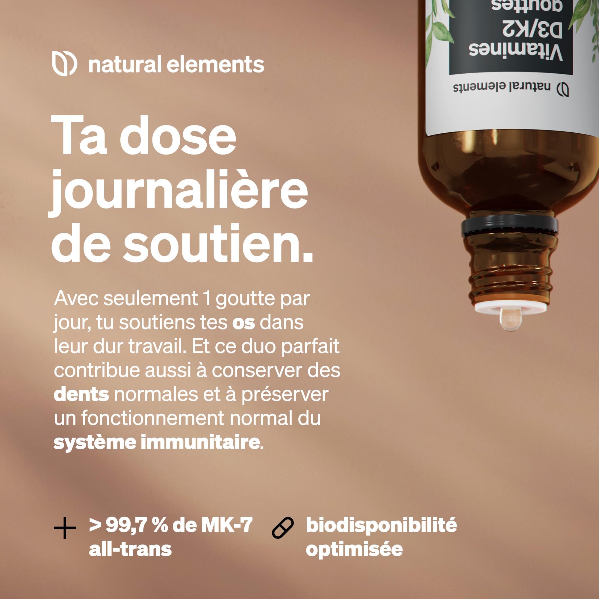 Vitamine D3 & K2 en Gouttes Premium 50 ml, Vitamine K2 99,8% All-Trans (K2VITAL® de Kappa) + Vitamine D Hautement Biodisponible, Liquide Fortement Dosée, Sans Additifs