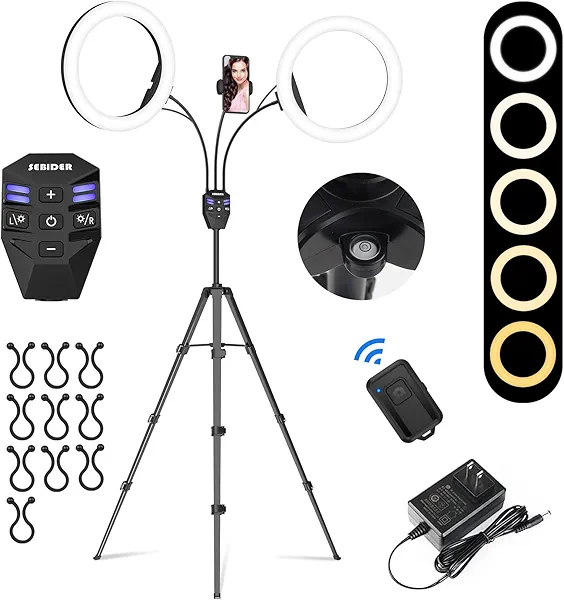 SEBIDER Dual 10" LED Ring Light with Tripod Stand & Phone Holder, Selfie Circle Lights with 5 Light Modes (2700-6500K)&12 Brightness Compatible for Makeup/Photography/TikTok/YouTube/Live Stream