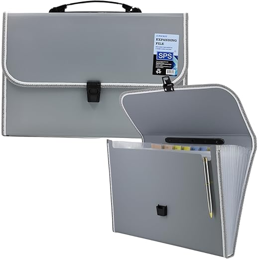 SPS 13 Pocket Expanding File Folder with Buckle Closure,Label Index and Handle for A4/Foolscap/Legal Documents (Grey)