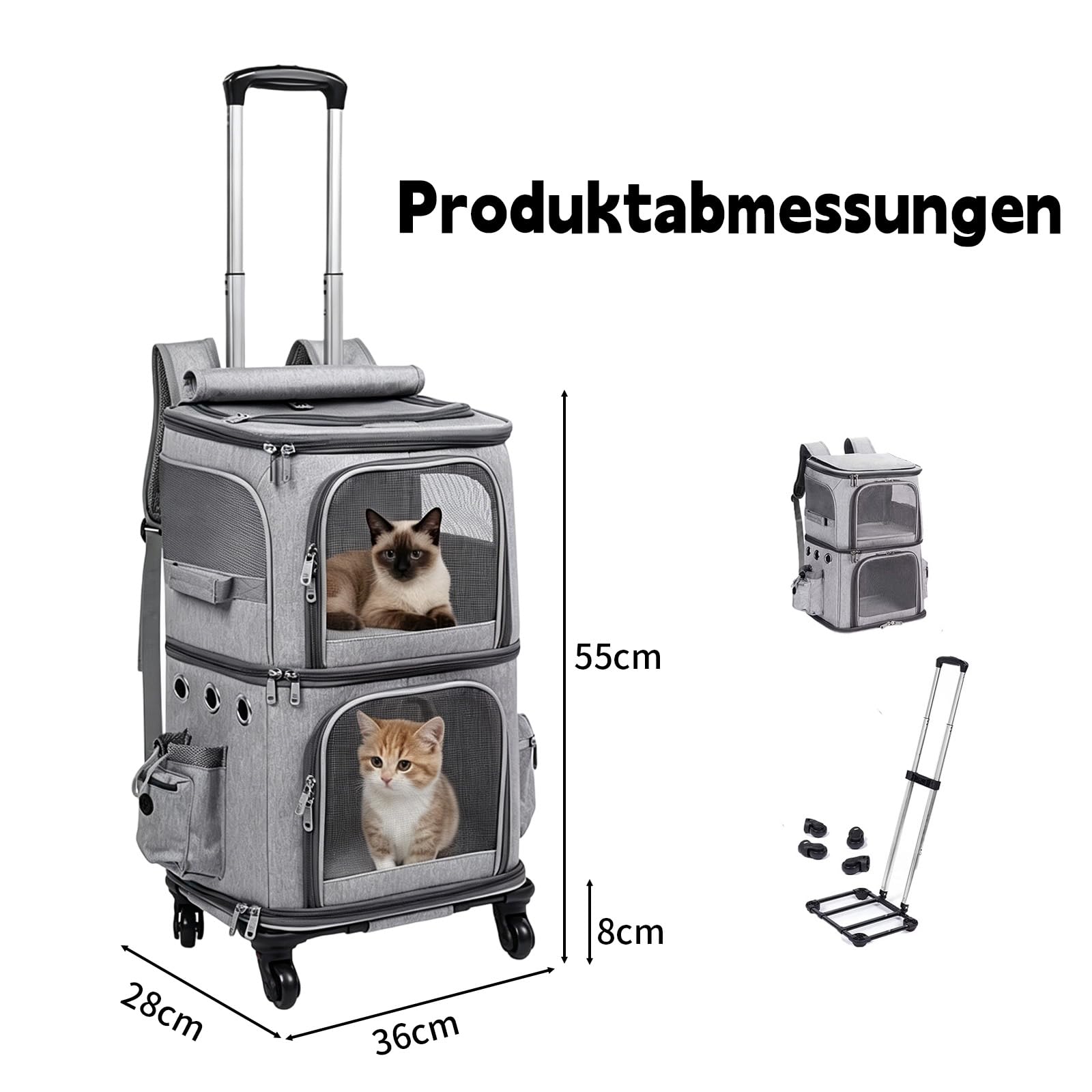 Katzenrucksack Große Katzen, Transportbox Katze für 2 Katzen bis 12kg, Katzentransportbox mit Abnehmbare Rollen, Hunderucksack für Wandern, Reisen, Grau