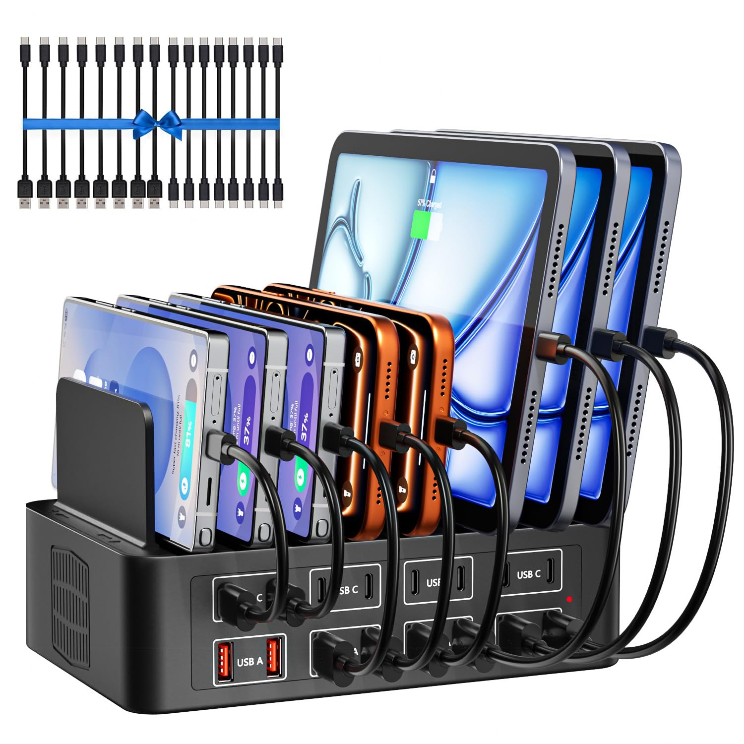 Estación de Carga USB de 16 Puertos, Cargador de 150W, Adaptador de Corriente, con Separador Ajustable y extraíble, concentrador de alimentación USBC, Compatible con iPhone16/Galaxy S25/Google/table