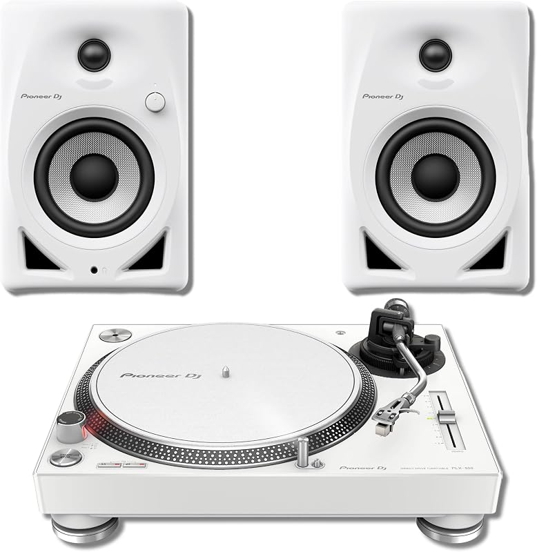 Tocadiscos Pioneer PLX-500 de accionamiento directo - Blanco con monitores de estudio Pioneer DM-40D-W de 4 pulgadas