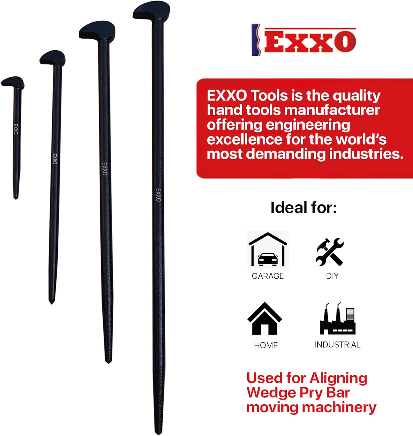 EXXO Tools - Heavy Duty 4-Piece Pry Bar Set- Durable Alloy Steel Industrial Strength for Automotive Mechanics, Craftsman, Machinery Technicians - Extra Long - Includes 6, 12, 16, 20 Inch Lady's Foot