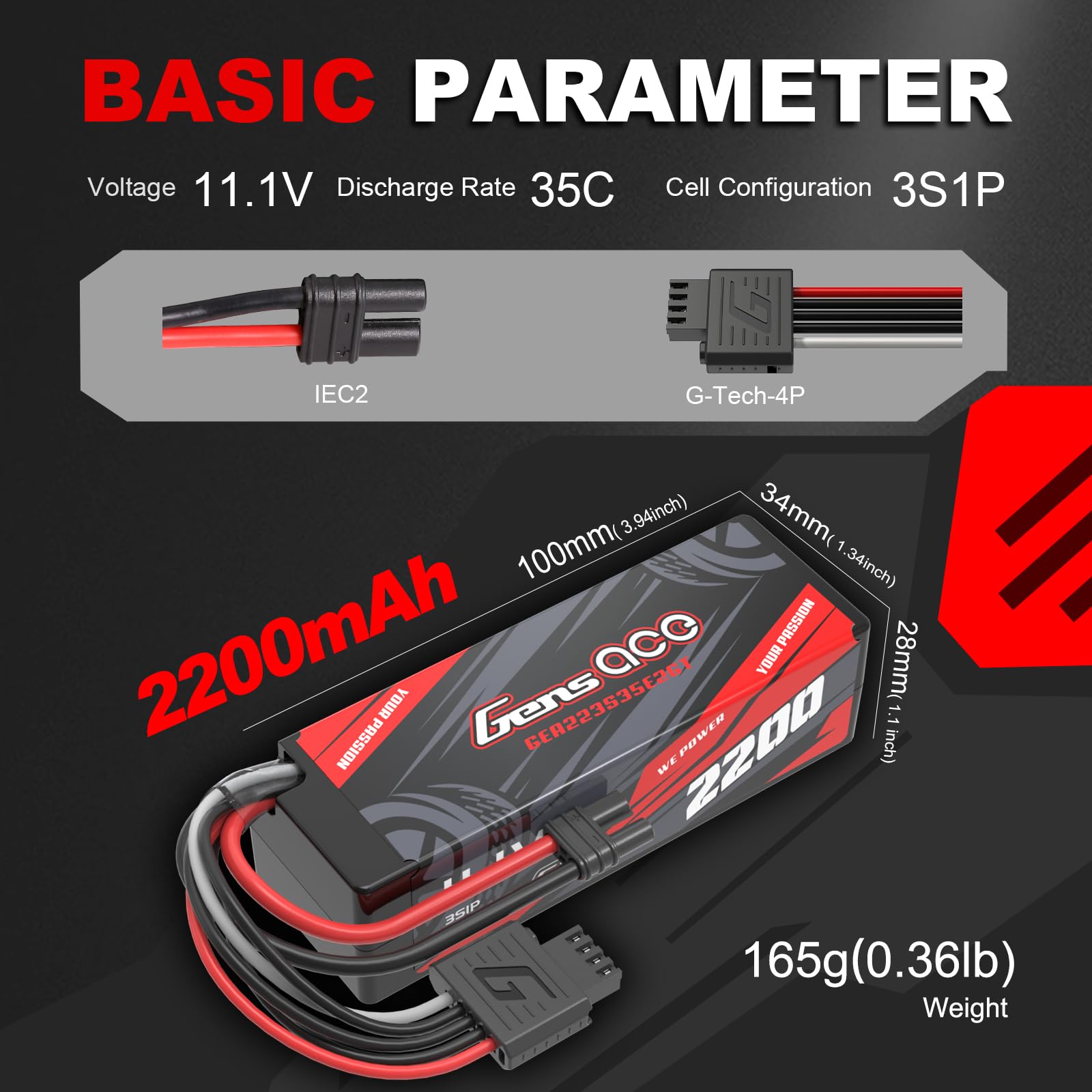 Gens ace 3S LiPo akumulator 11,1 V 2200 mAh 35C twarda obudowa IEC2 do RC 1/18 mini modeli