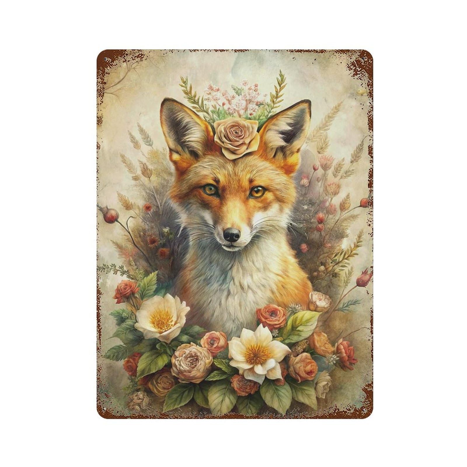 Fox Portrait with Floral Crown Retro Metal Sign 15.7"x11.8", for Pub, Kitchen And Man Cave Decor, Industrial Home Decor