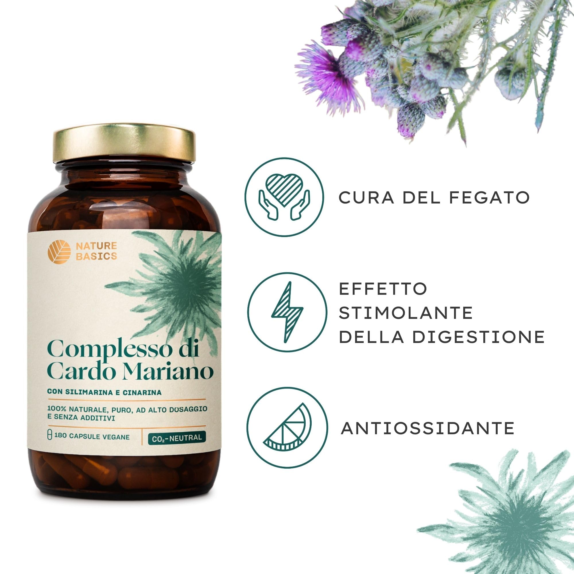 Nature Basics® Capsule di cardo mariano ad alto dosaggio certificato e in barattolo | 180 capsule con 80% di silimarina e 2,5% di cinarina | testate in laboratorio, senza additivi e CO2 neutro