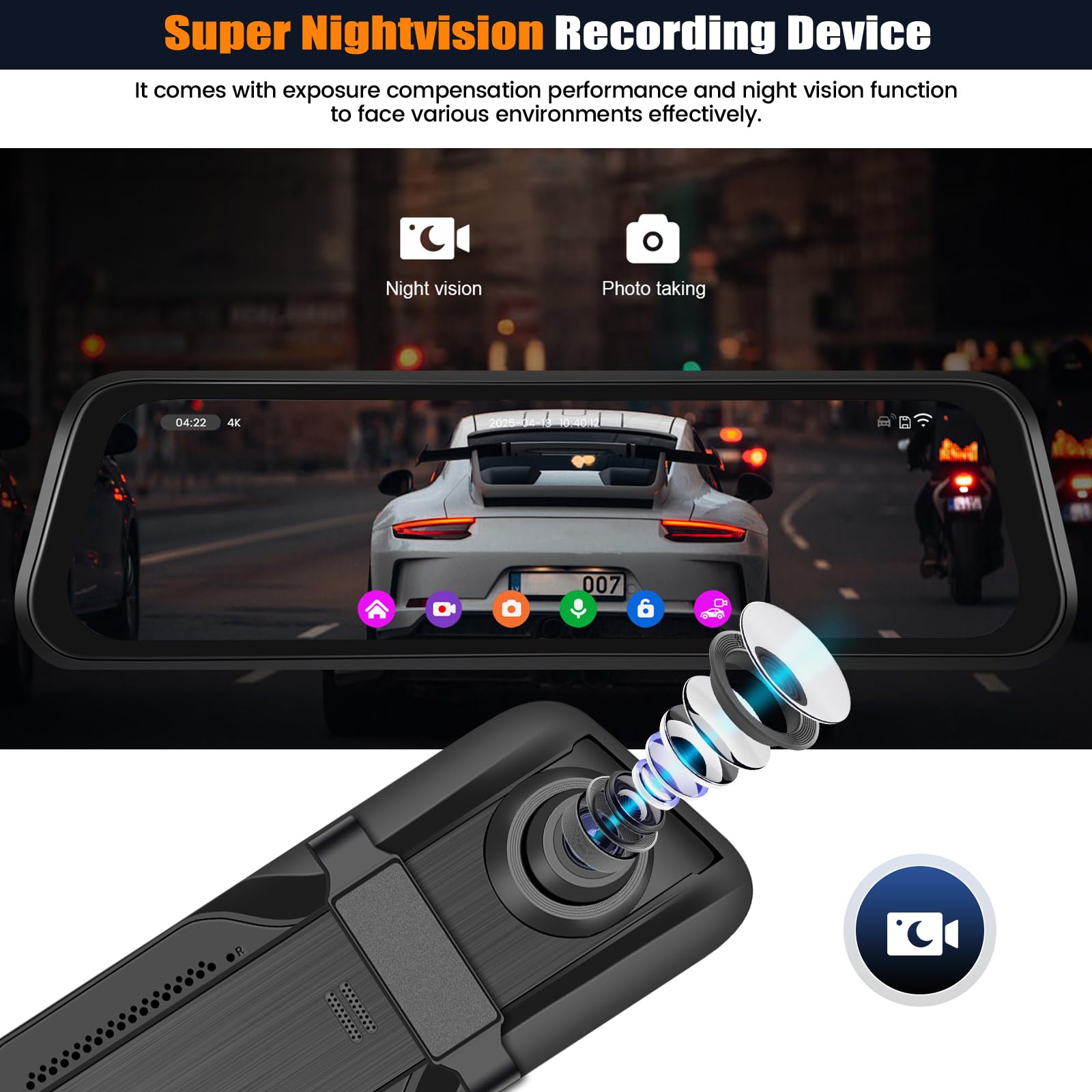 CAMECHO Retrovisor 9.66 Pulgadas 4K Mirror Dash CAM Coche con 1080P Cámara Trasero, Delantera 150° y Trasera Dashcam 120° con ADAS y BSD Línea Inversa, Visión Nocturna, Sensor G, WiFi