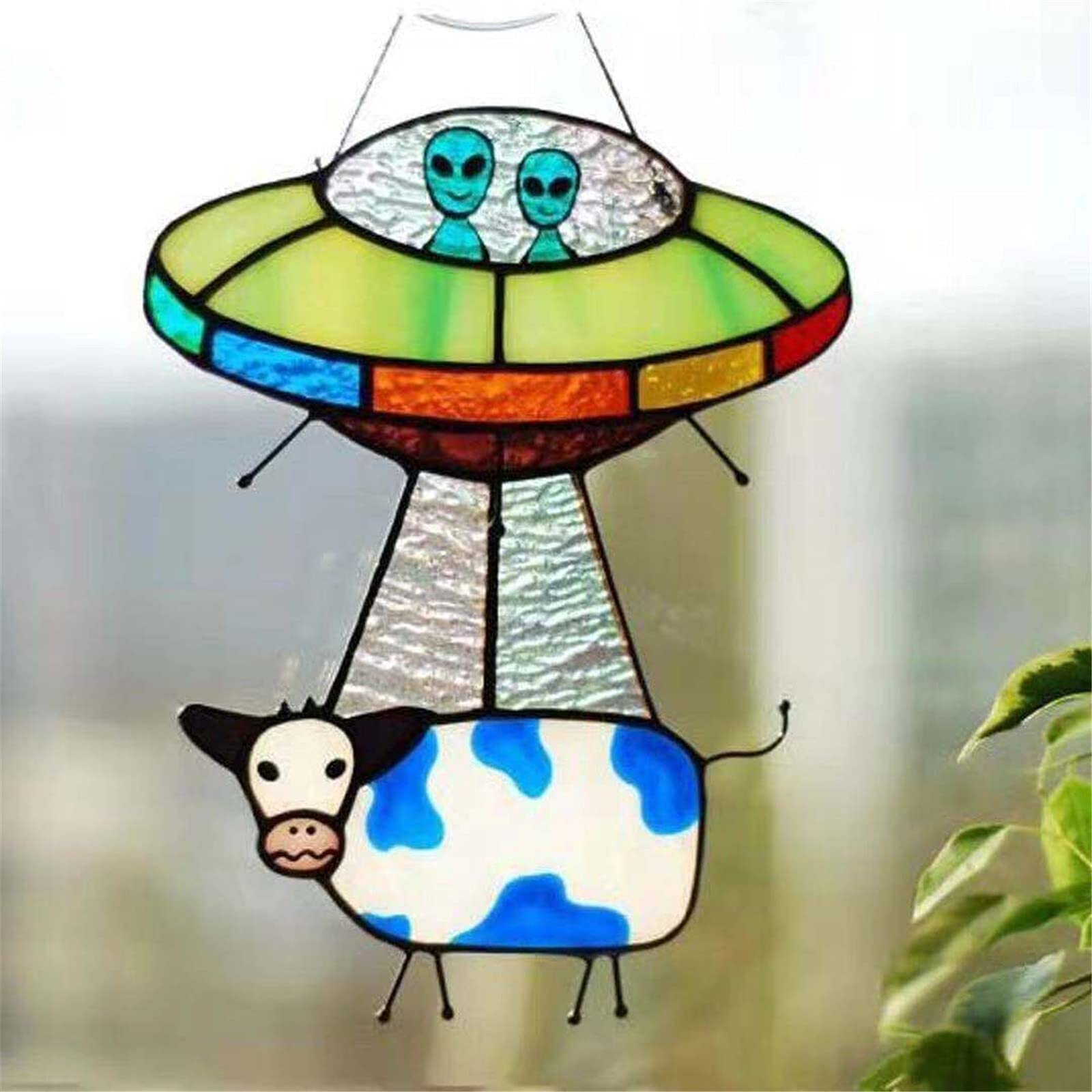 Paity UFO Alien Cow Pendant Ornaments, Stained Glass Window Panel, Painted Pendant Hanging, Home Decoration for Wall in Living Room, Corridor, Aisle - Gifts