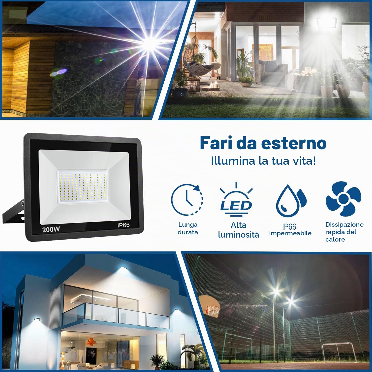 200W Faretto LED da Esterno, Super Luminosa 20000LM Faro LED Esterno Impermeabile IP66, 6500K Bianco Freddo Faretti LED, per Giardino, Cortile, Garage, Pareti