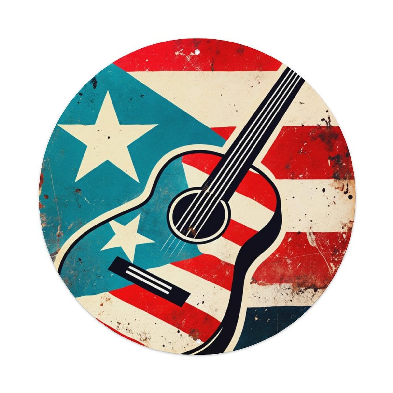 American Flag Guitar Design Round Tin Sign Retro Metal Sign for Cafe Bar Pub Home Game Room Gym Club Wall Decoration Vintage Metal Poster 8x8 Inch