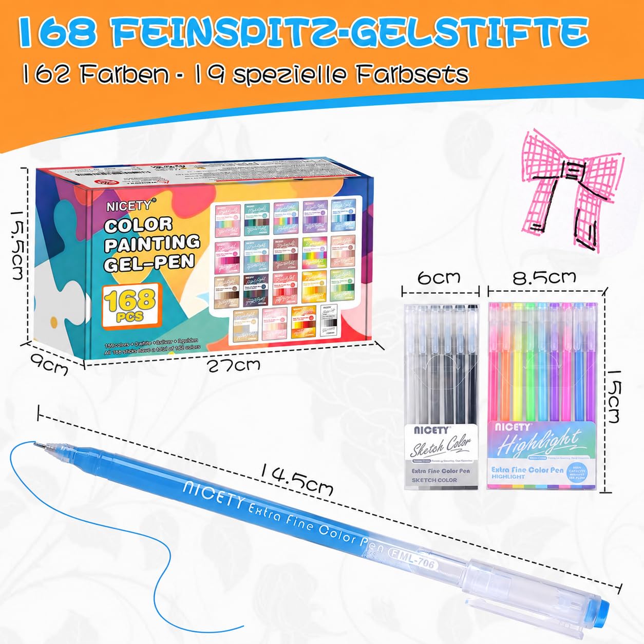 NICETY 168 Gelstifte Set – Gel Pens Gelschreiber mit 0,5mm Feiner Spitze & 162 Farben (159 Farben + 3 Weiß/3 Silber/3 Gold) – Gel Stift Set zum Malen, Schreiben & Journaling für Erwachsene & Kinder