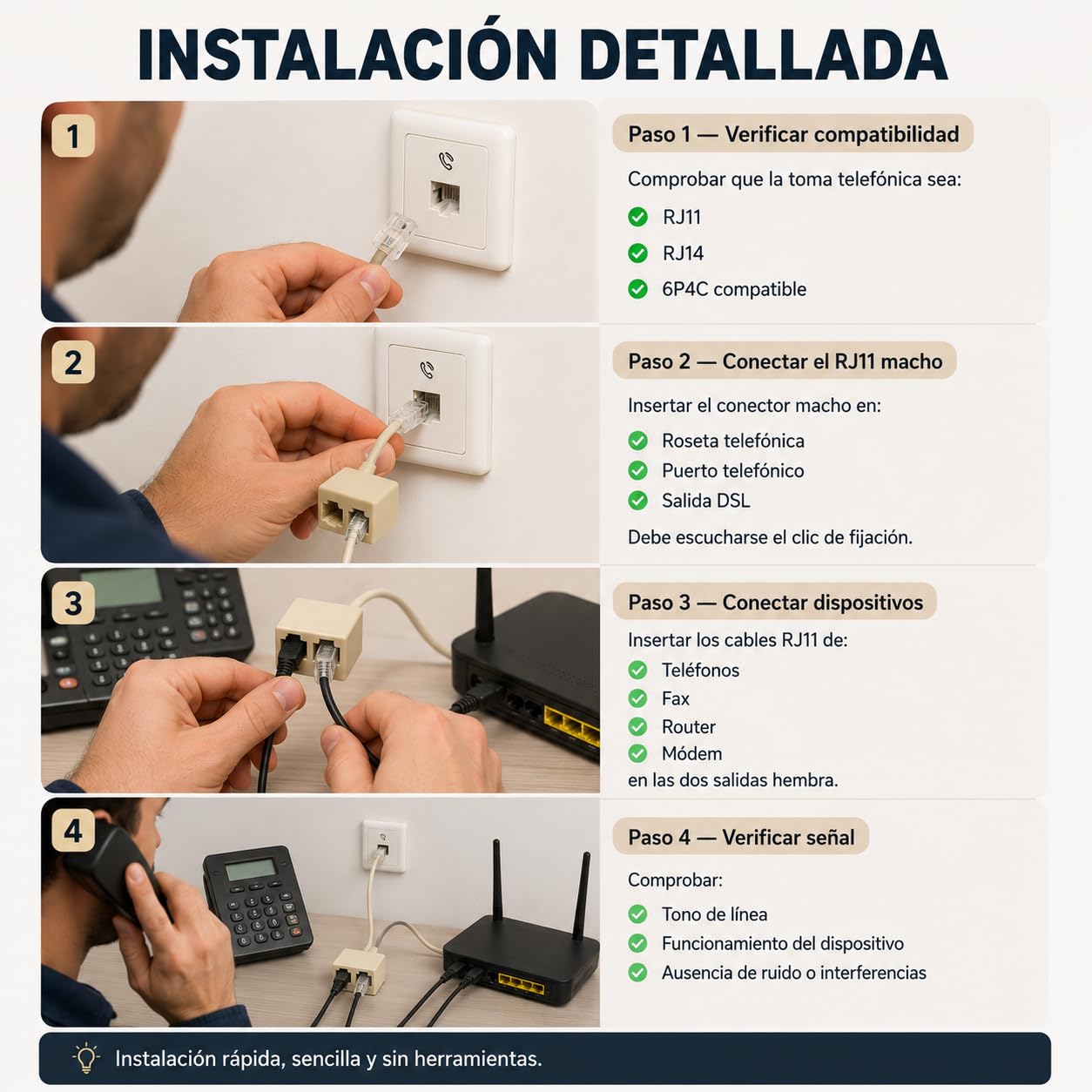 CABLEPELADO Répartiteur de téléphone 6P4C RJ11 mâle vers double RJ11 | Adaptateur avec câble - Beige
