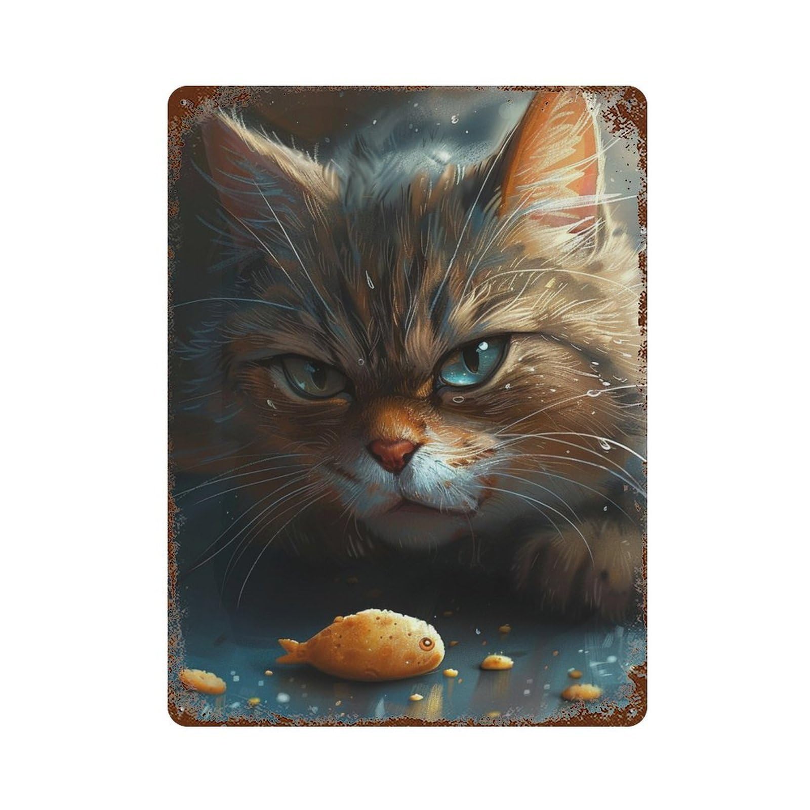 Rust Effect Whiskered Whiskers Cat's Curiosity Rustic Tin Plaque 15.7"x11.8", Old School Wall Decor for Shed, Workshop And Garage Wall Decor