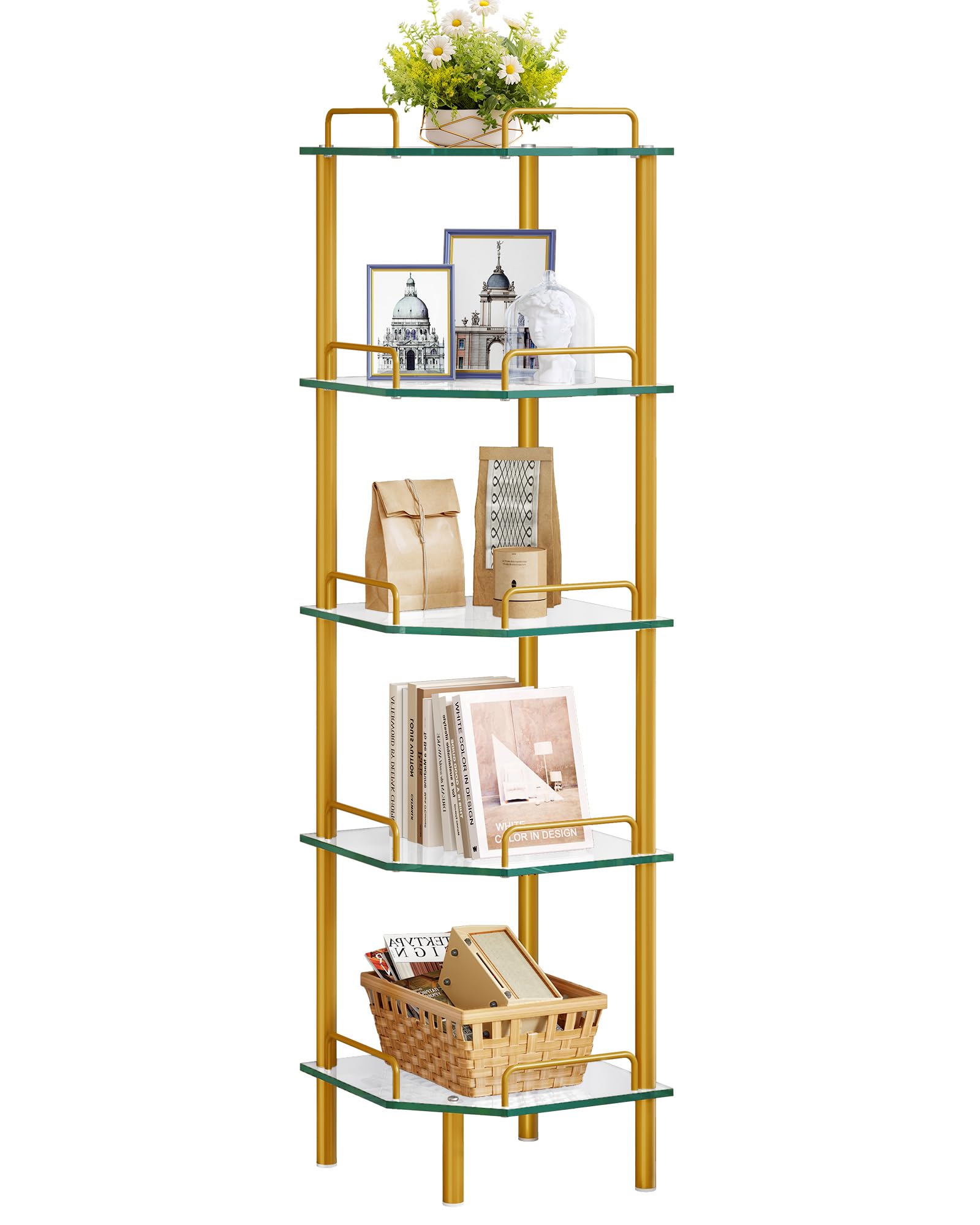 Tajsoon 5 Tier Corner Shelf Stand for Bathroom, Gold Corner Bookshelf, Multipurpose Standing Display Shelf, Tempered Glass, Modern Corner Shelving Unit for Bedroom, Living Room, Kitchen