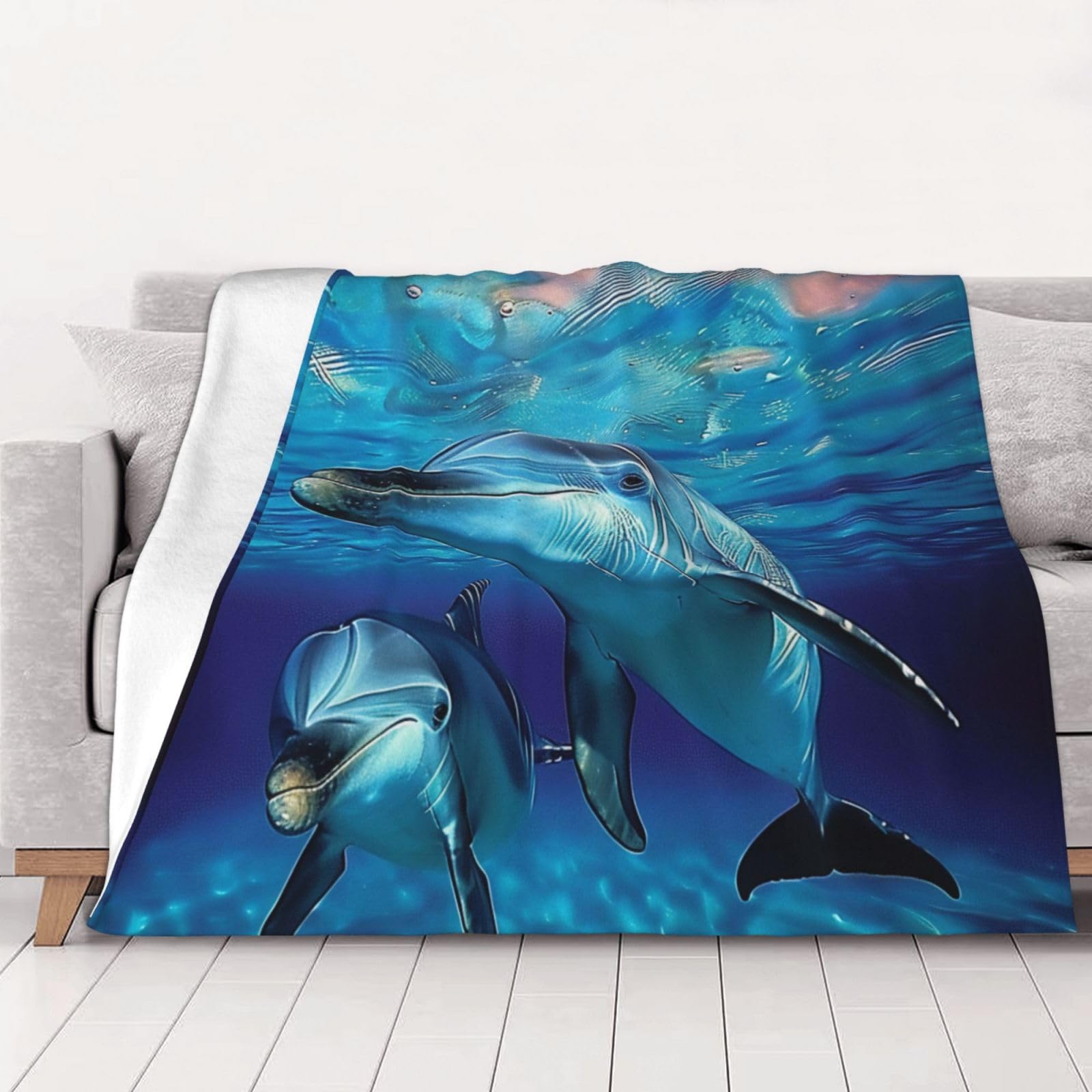 AUBKFELD Dolphin Printed Flannel Blanket 150x125 CM, Soft & Warm Throw Blanket for Sofa/Couch/Bed/Car, Gifts for Audlts Women Men