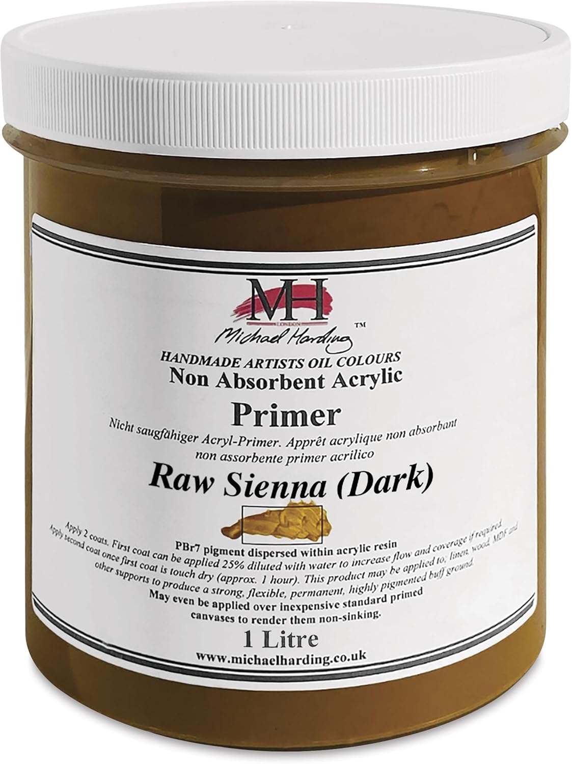 Michael Harding, Non-Absorbent Acrylic Primer, Raw Sienna Dark,1 Liter, NAAPRSDK1