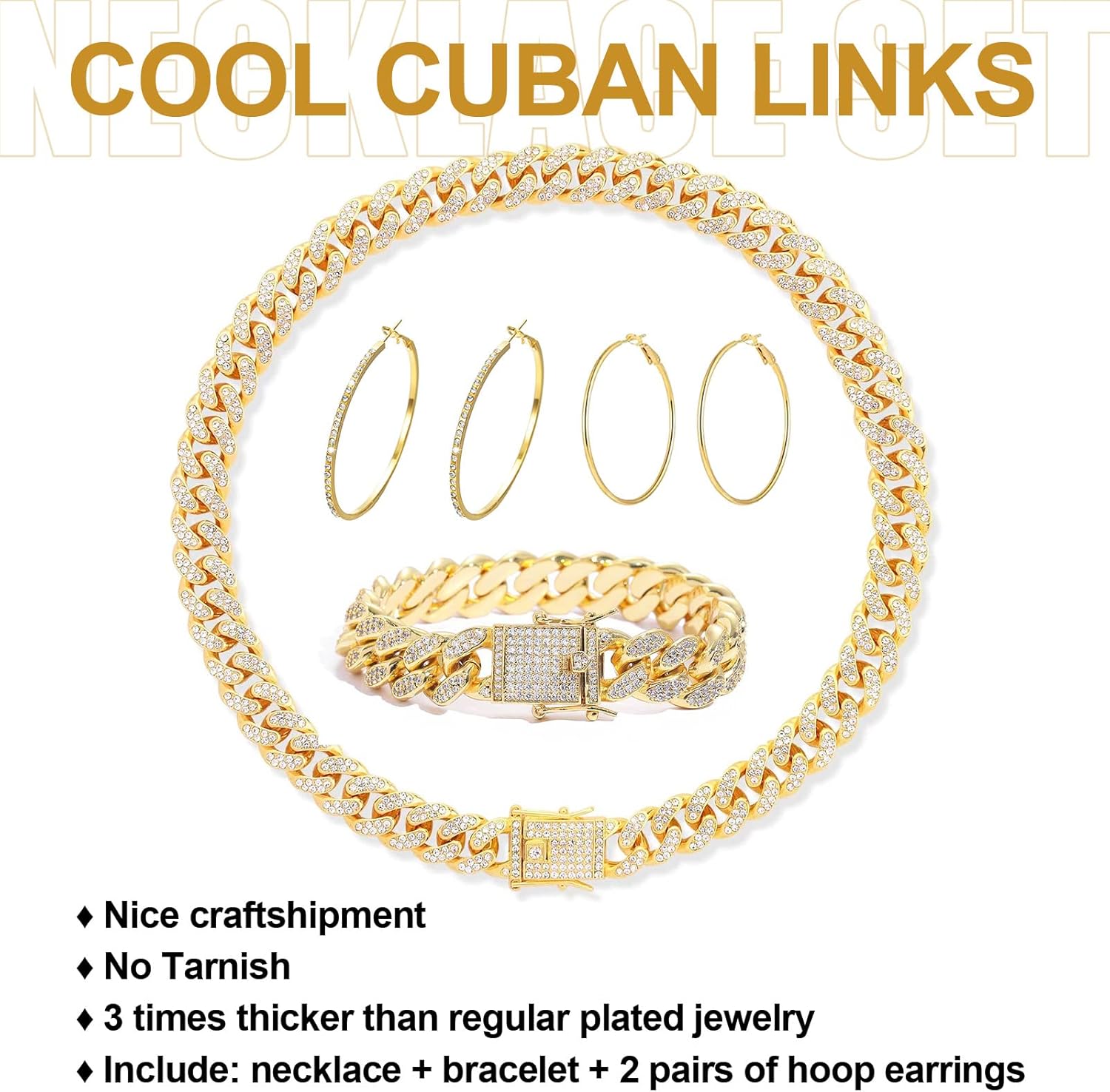 Cuban Link Chain Jewelry Sets for Women Rhinestone Hoop Earrings Necklace Bracelet Set Bling Rhinestone Hip Hop Jewelry for Women Girls - Image 6