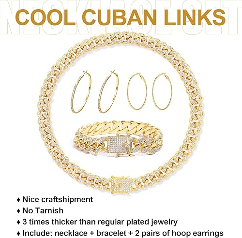 Miniatura 6 de FUNOJOY Juego de joyas de cadena de eslabones cubanos para mujer, aretes de aro de diamantes de imitación, collar y pulsera, joyería de hip hop