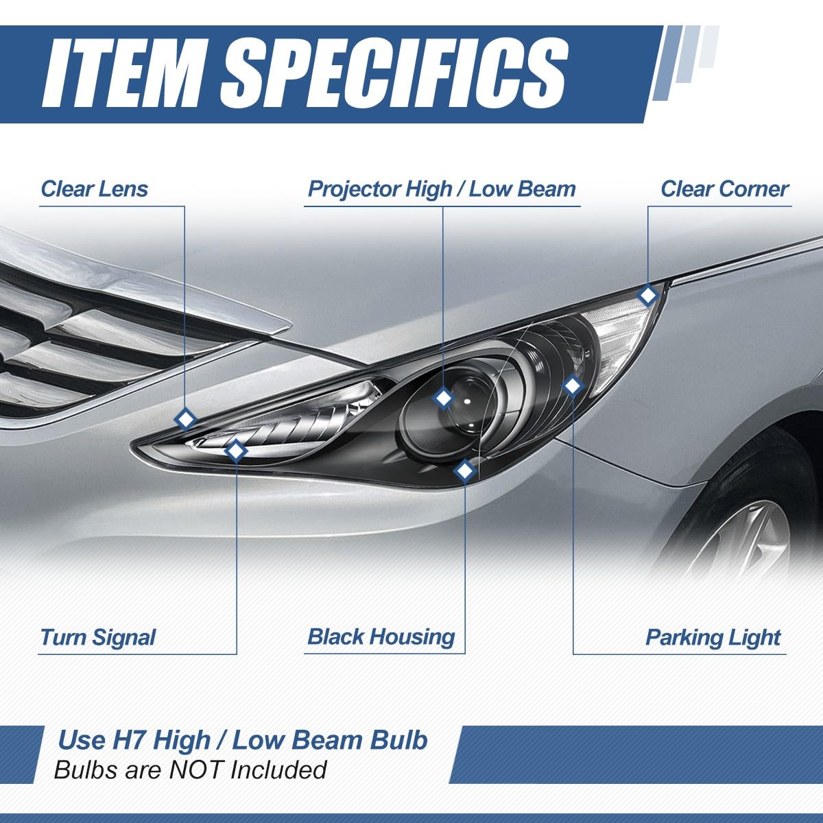 Auto Dynasty Factory Style Projector Headlight Lamps Compatible with Sonata (Excludes Hybrid) 2011-2014, Driver and Passenger Side, Black Housing Clear Corner