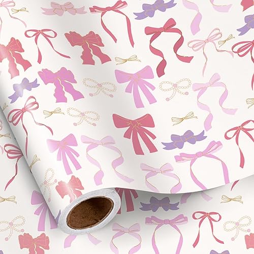 RUSPEPA Elegante rollo de papel de regalo con lazo para niñas y mujeres, mini rollo, papel de regalo con lazo rosa con perlas, perfecto para baby