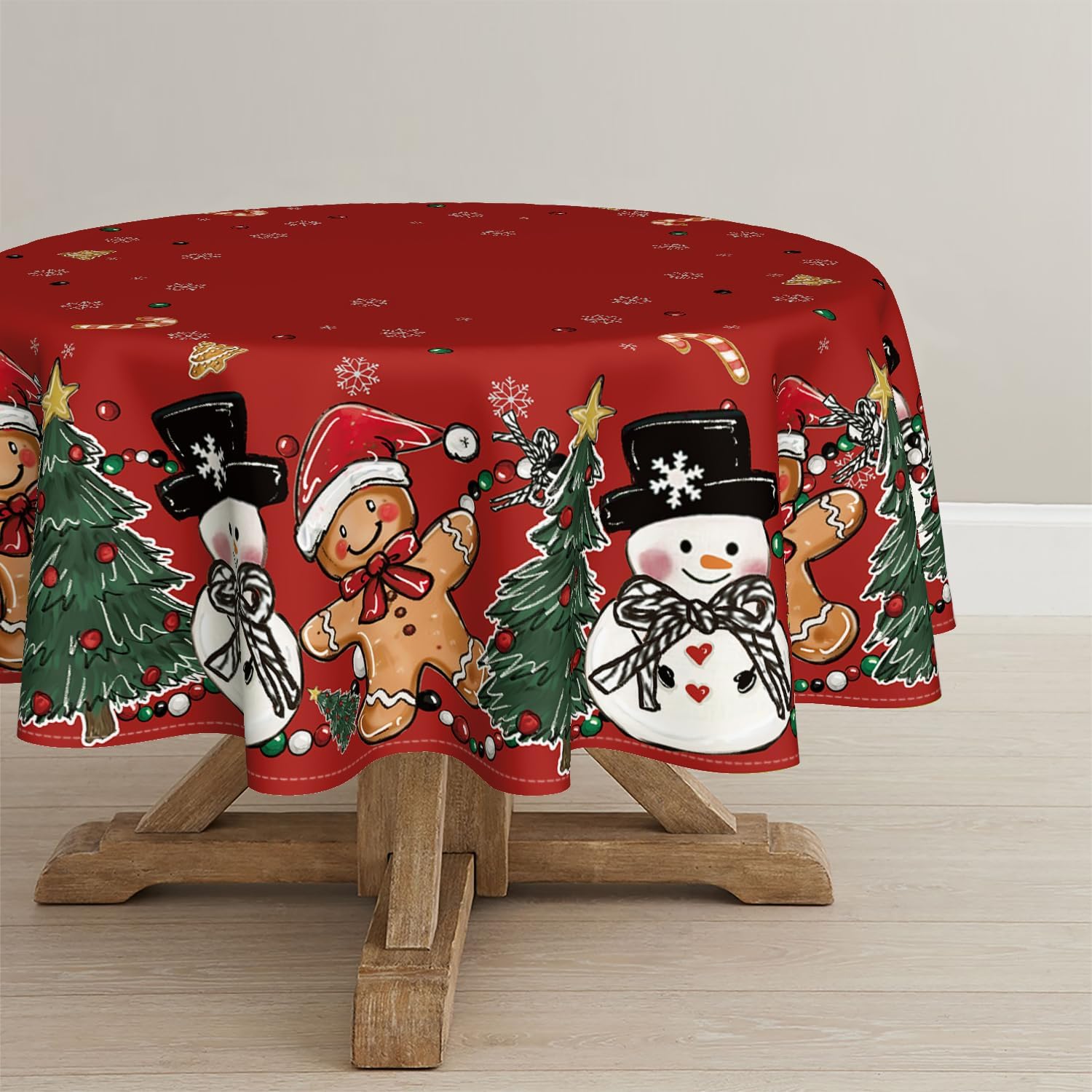 Horaldaily Christmas Tablecloth 90×90 Inch Round, Gingerbread Man Tree Snowman Red Washable Table Cover for Party Picnic Dinner Decor