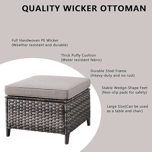 Miniatura 4 de Otomanas otomanas de mimbre para exteriores, juego de 2 reposapiés de ratán para exteriores, otomanas para patio con cojines gruesos (gris